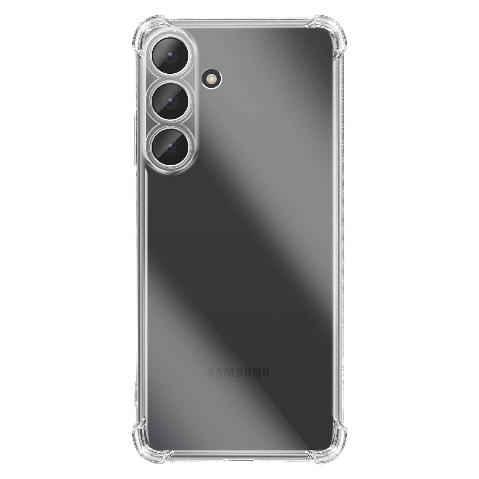 Transparente Schutzhülle für ein Smartphone mit drei Kameras und Samsung-Logo.