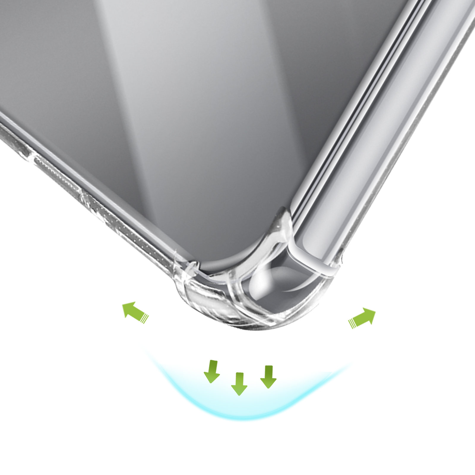 Transparente Hülle mit verstärkten Ecken, um Stöße abzufedern.