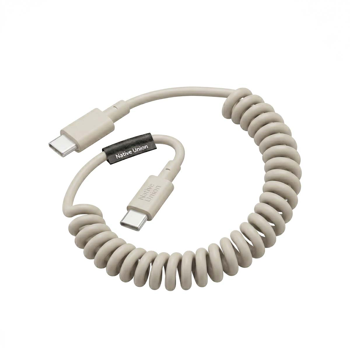Un câble torsadé gris avec deux connecteurs USB-C et la marque Native Union.