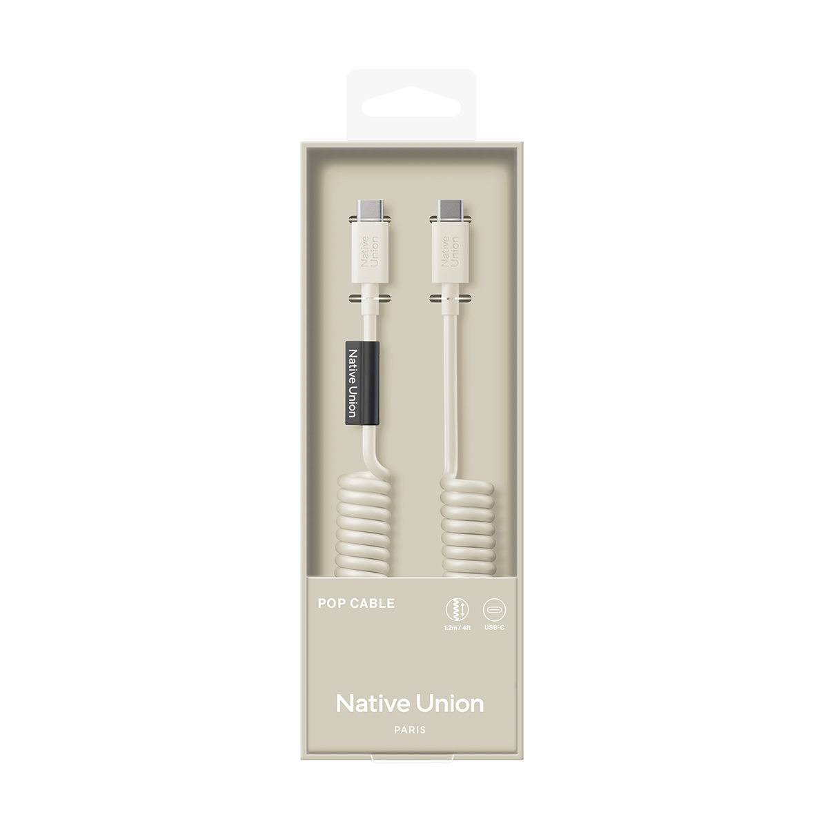 Câble USB-C blanc enroulé dans son emballage, avec marque 'Native Union'.