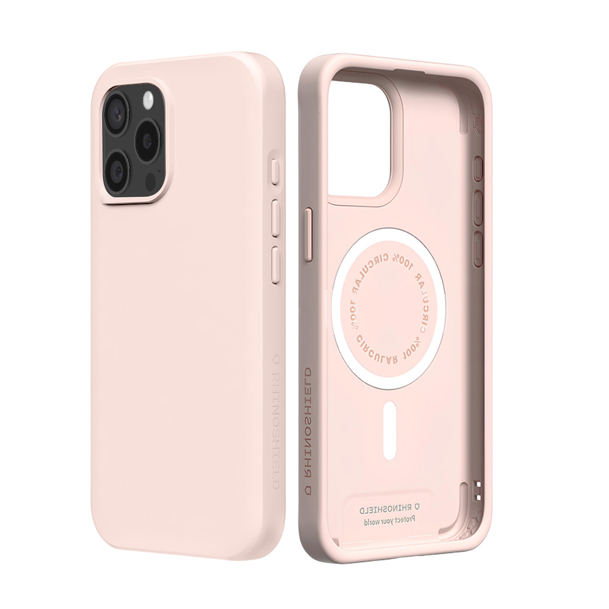Twee roze telefoonhoesjes, één gesloten met camera's, de ander open.