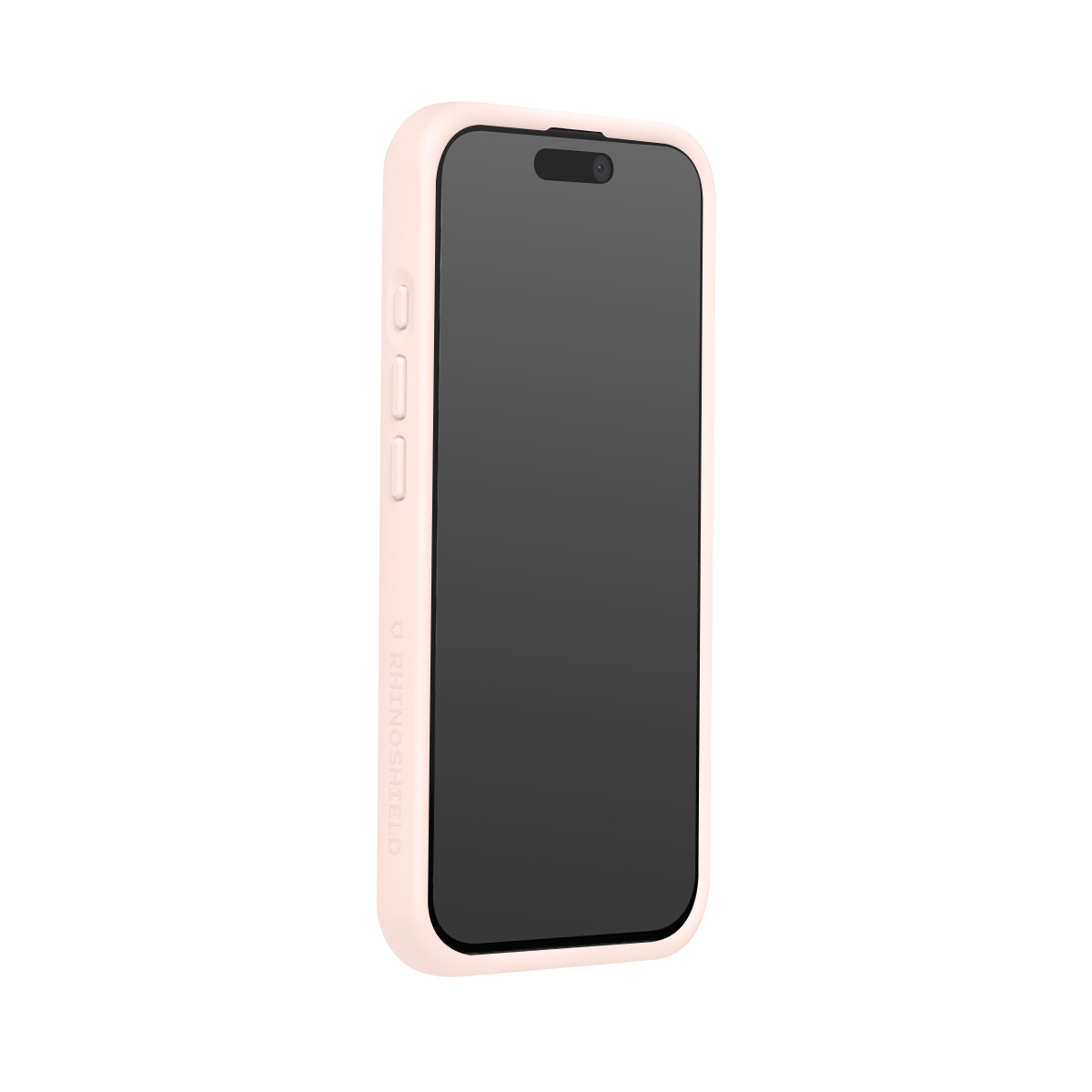 Een lichtroze iPhone-hoesje met een donker scherm.