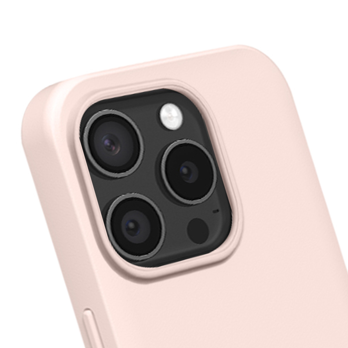 Close-up van een roze telefoonhoes met drievoudige cameralens en flitser.