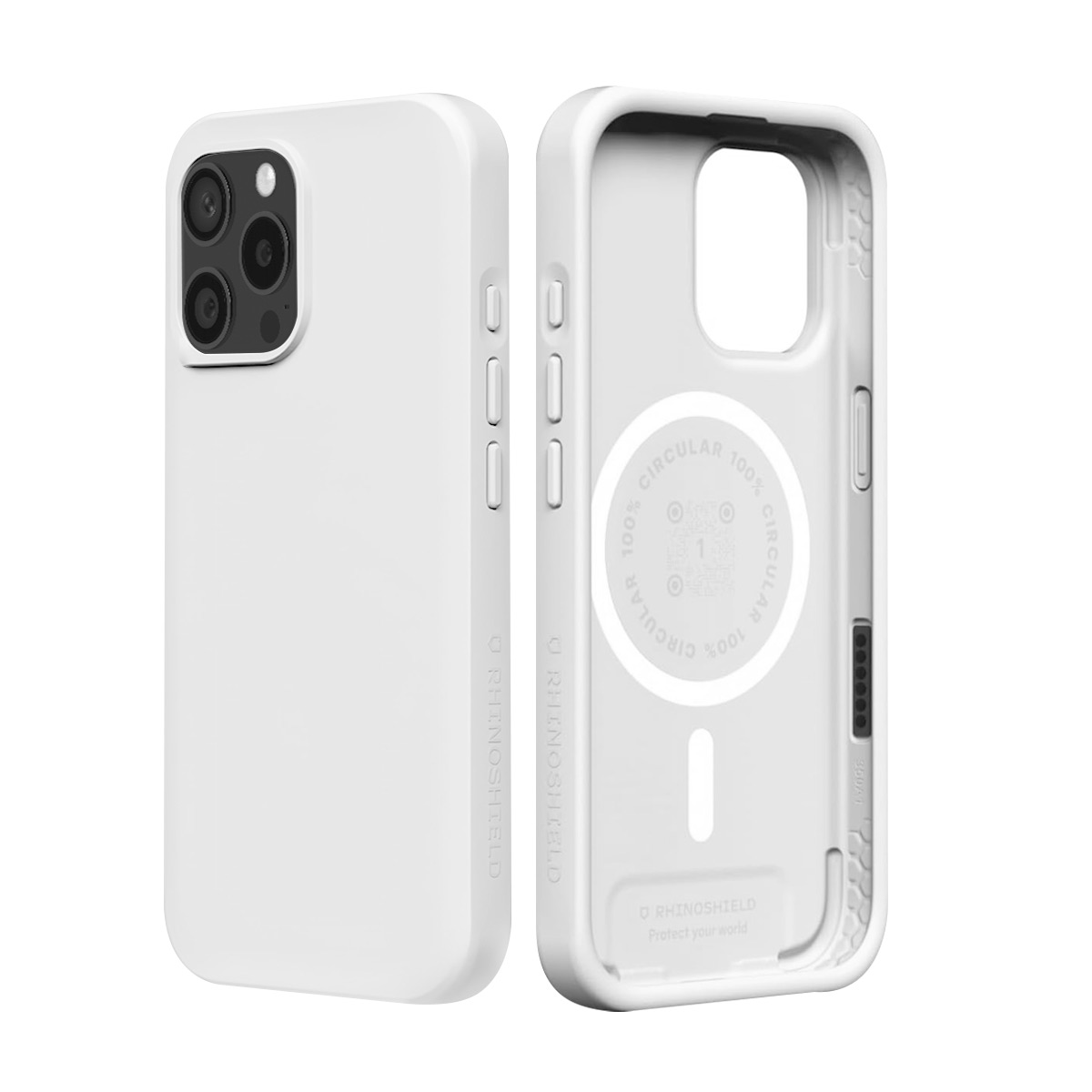 Deux coques de téléphone blanches côte à côte, une avec iPhone, l'autre vide.