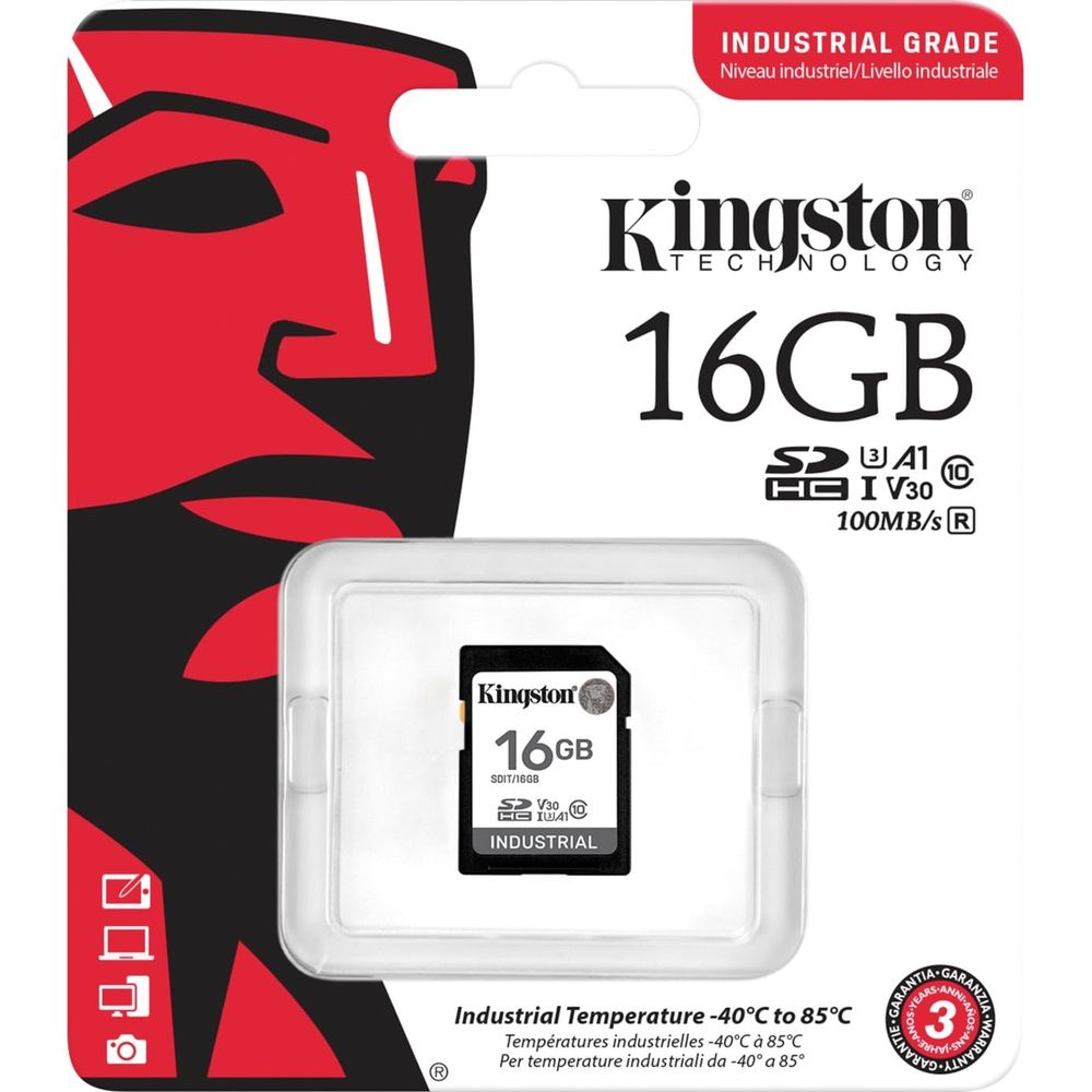 Kingston 16GB SD-kaart in verpakking met rood design en industriële graad label.