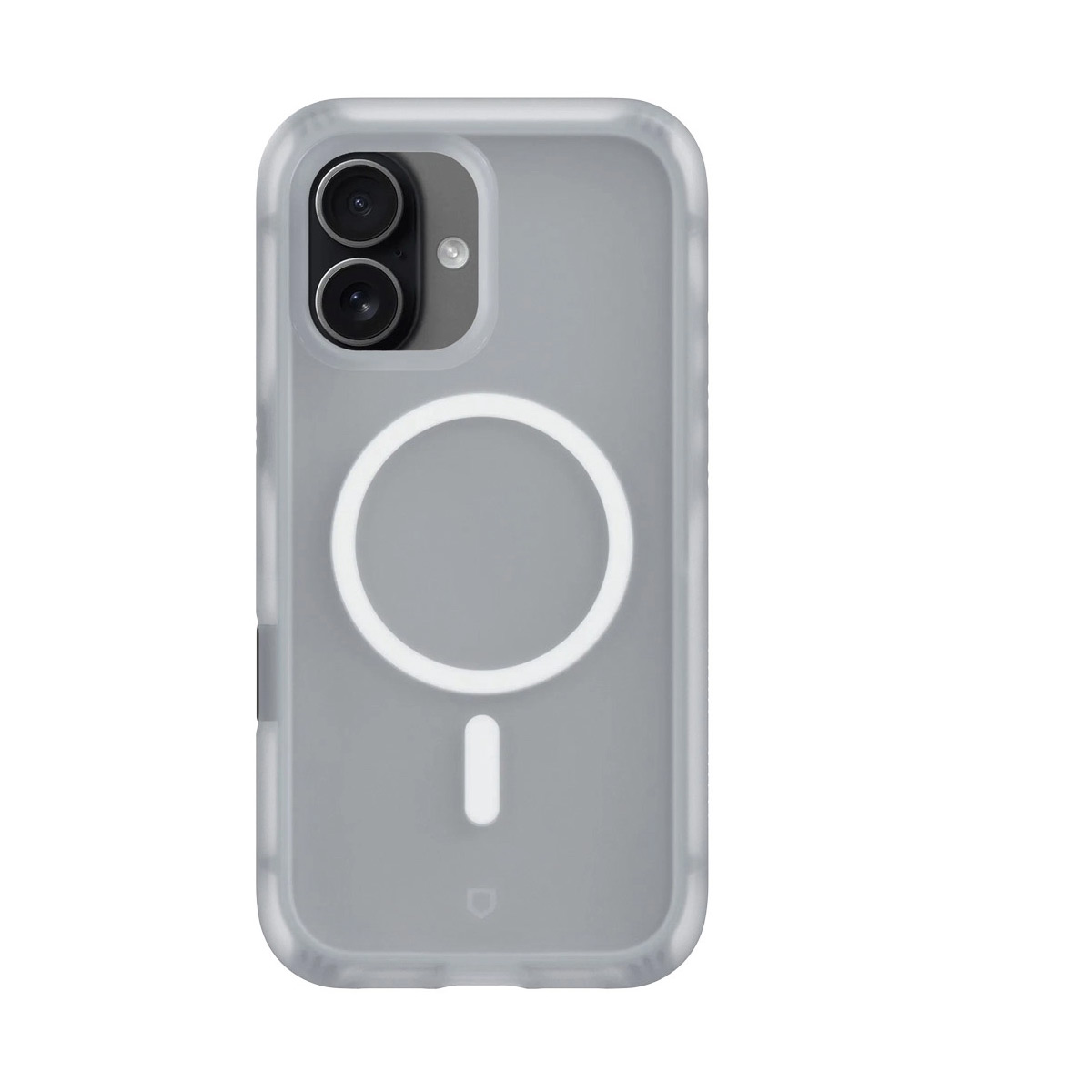 Grijze iPhone hoes met dubbele camera en witte MagSafe ring op witte achtergrond.