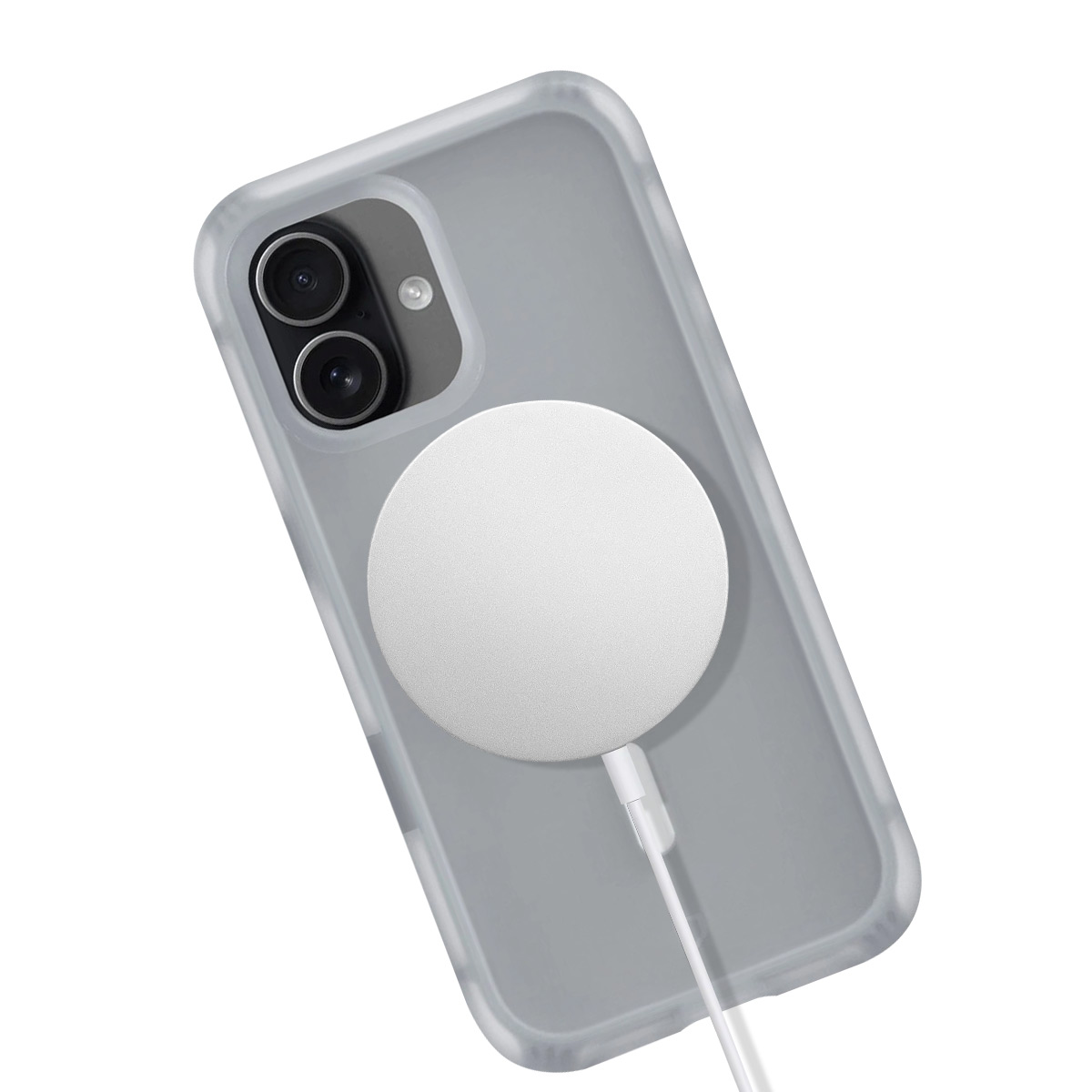 Een doorzichtige telefoonhoes om een telefoon met een witte magnetische oplader aan de achterkant.