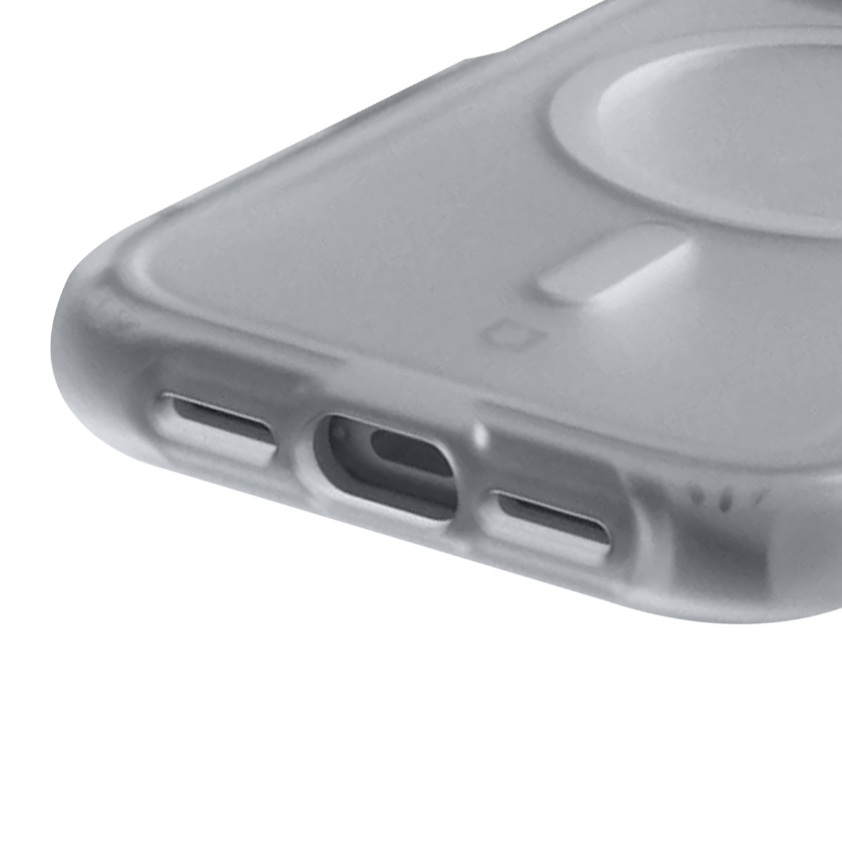 Coque de téléphone grise avec découpes pour ports et haut-parleur.