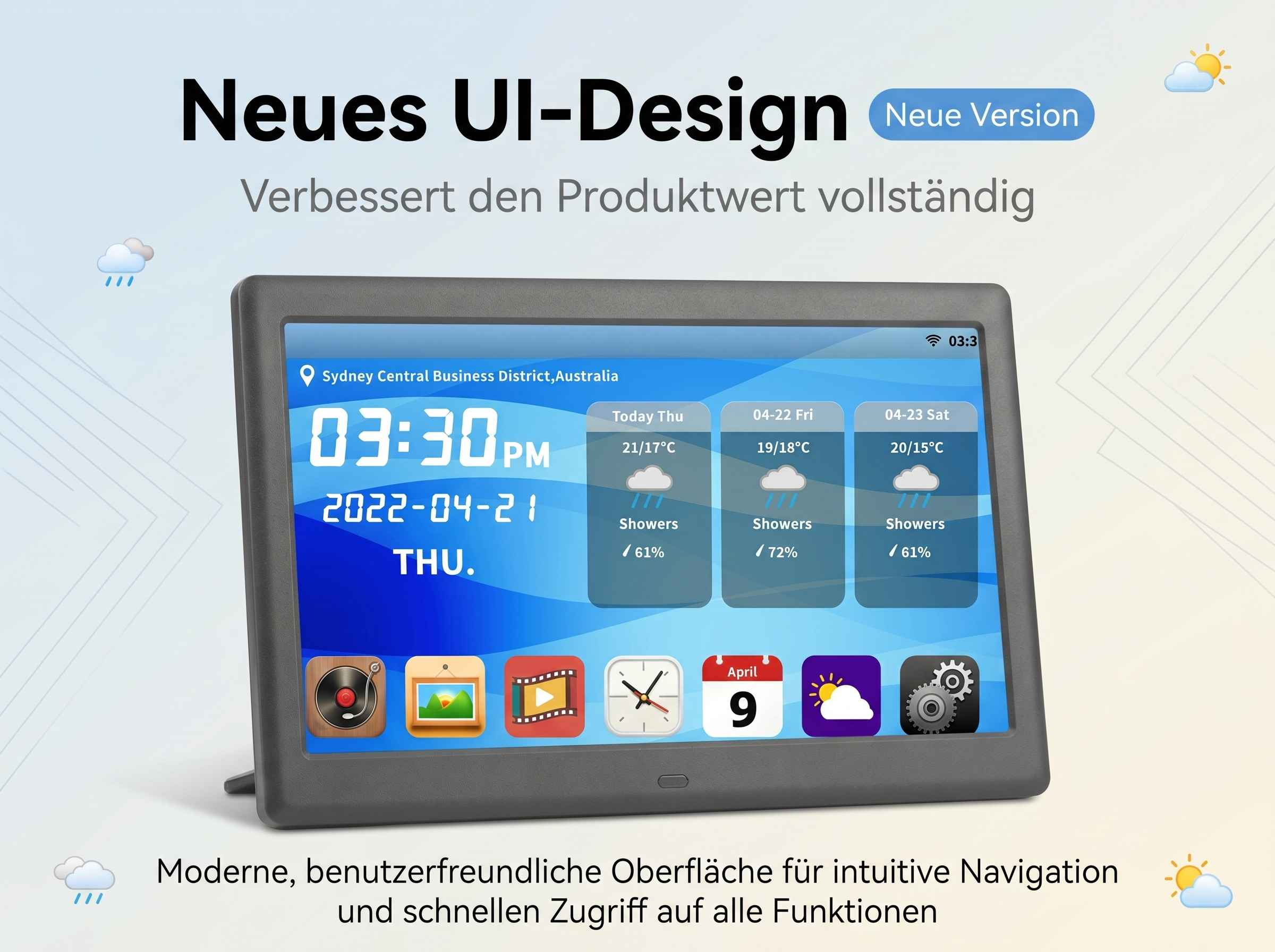 Ein digitales Display zeigt Zeit, Datum, Wetter und Symbole für Apps.