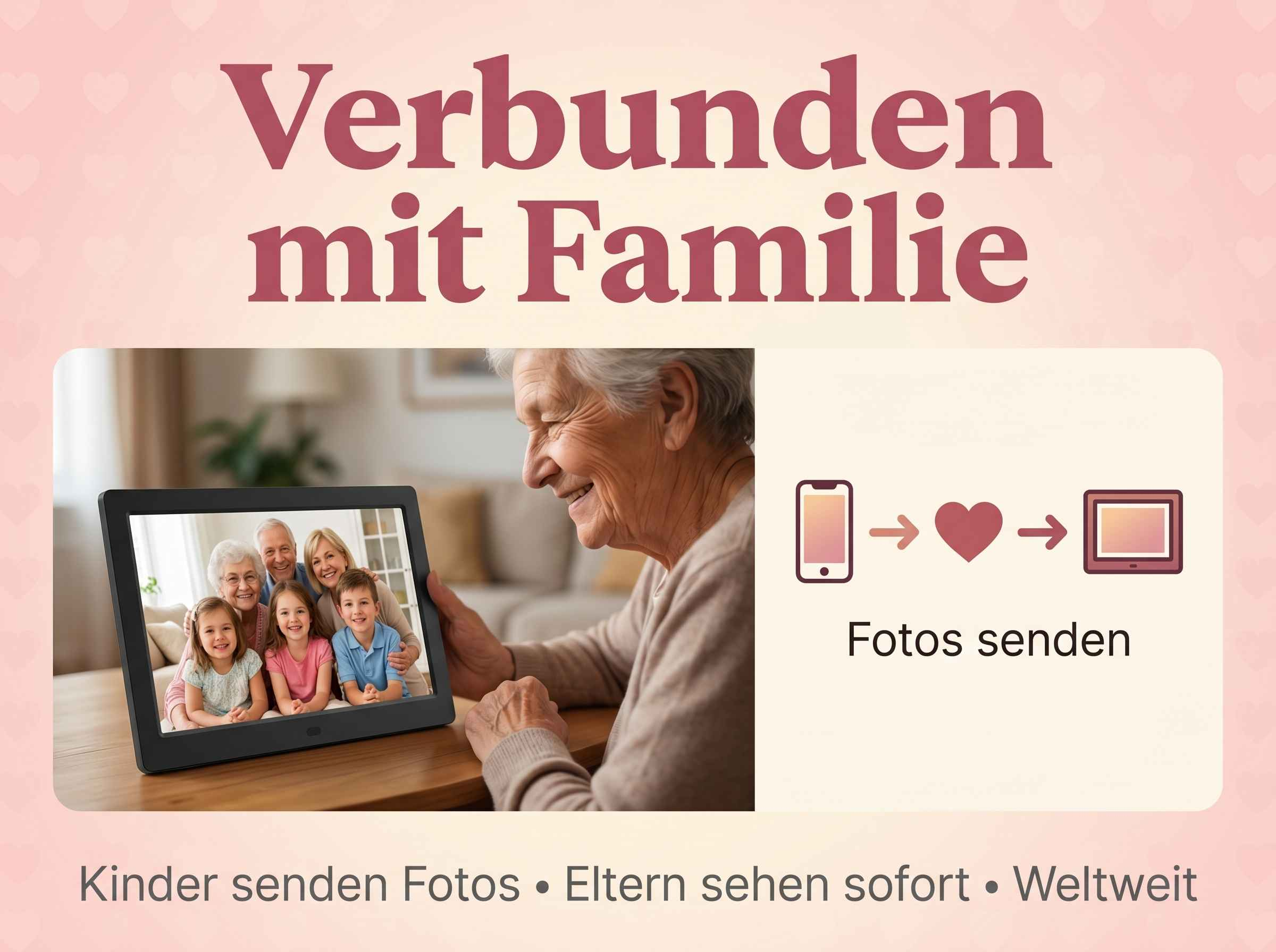 Ältere Frau lächelt, während sie ein digitales Fotorahmen mit Familie hält.