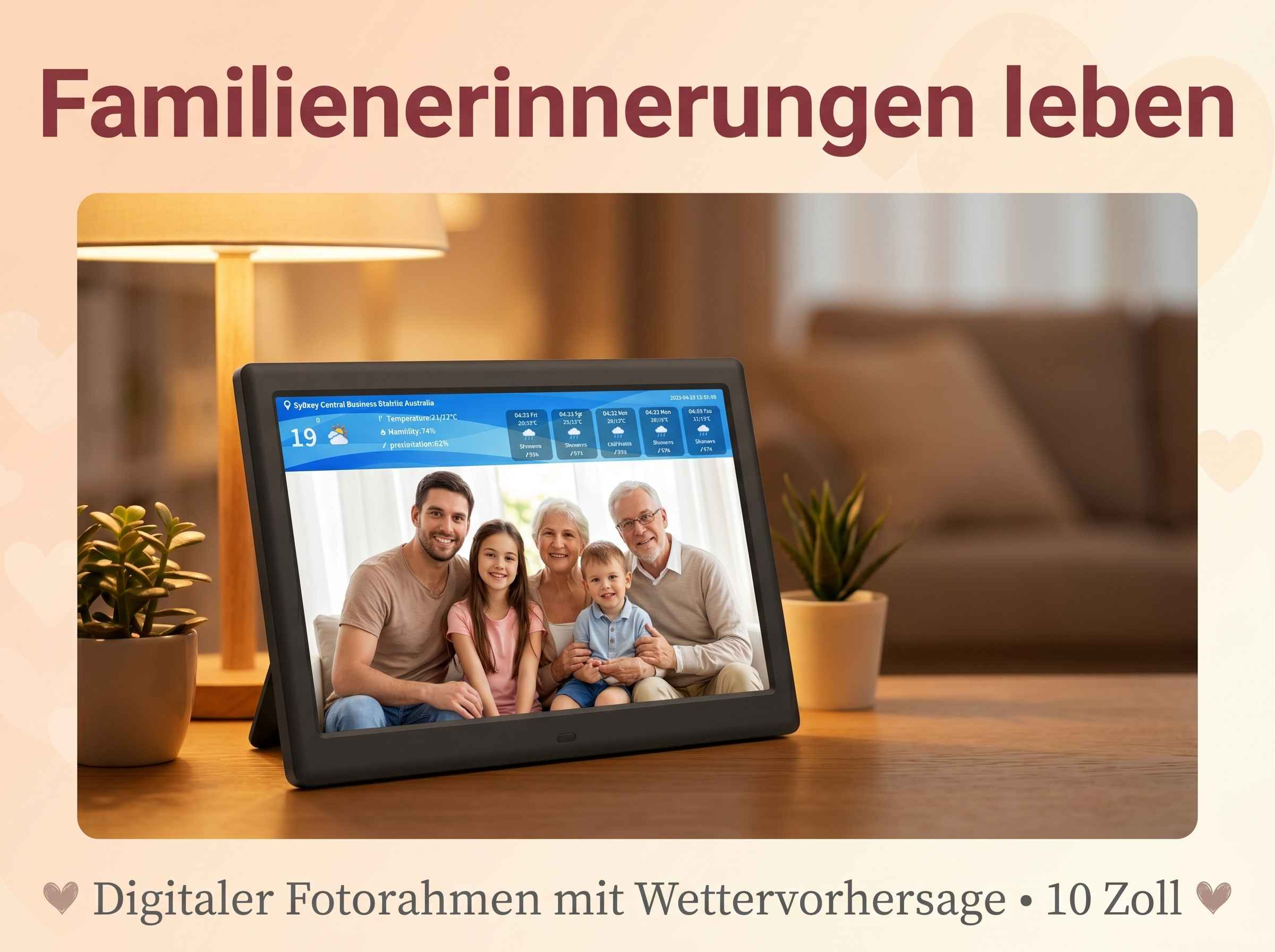 Digitaler Bilderrahmen mit Familie, Wetteranzeige und Pflanzen.