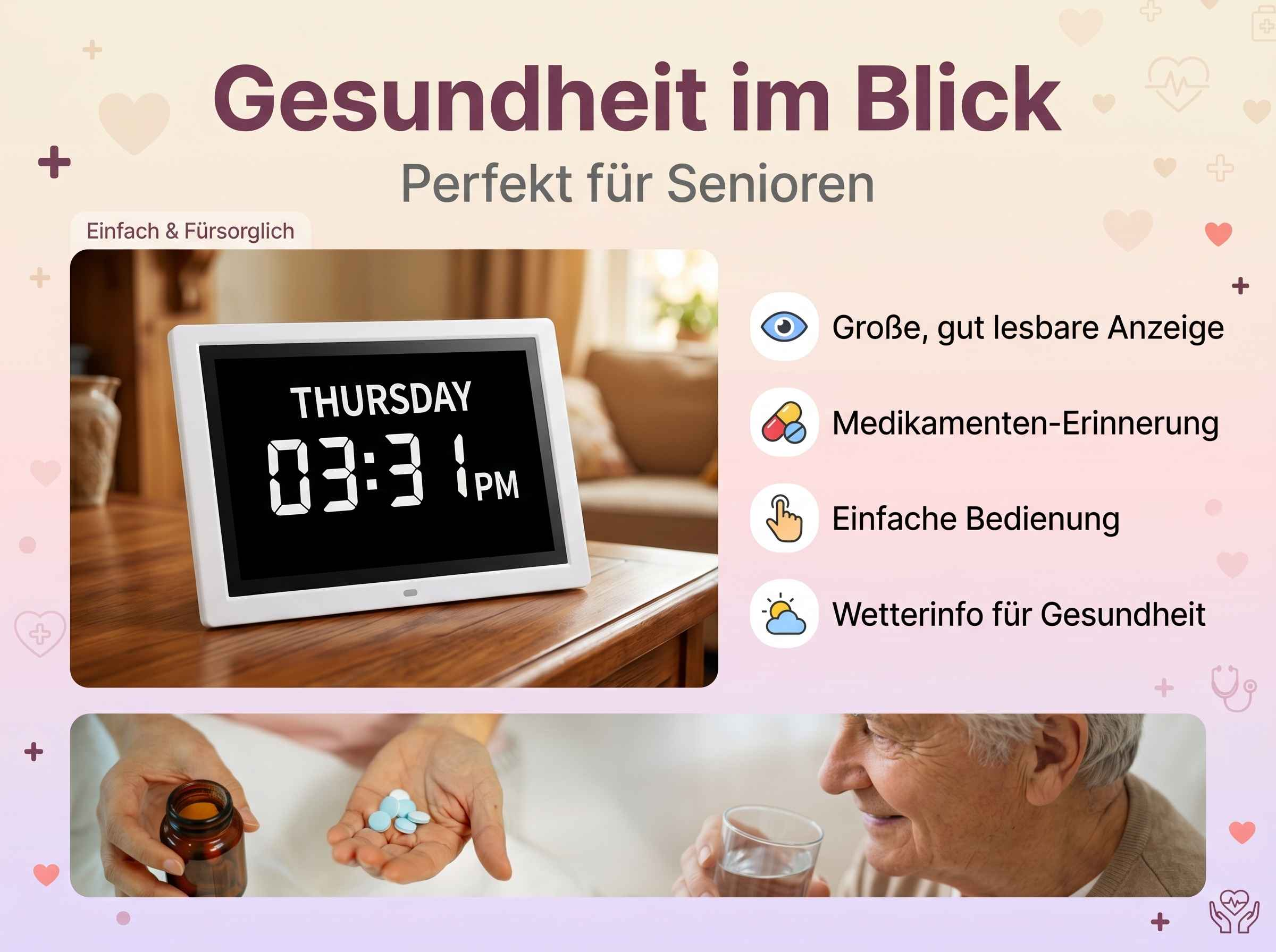 Ein digitaler Kalender zeigt Donnerstag, 03:31 PM. Daneben sind Symbole für Senioren.
