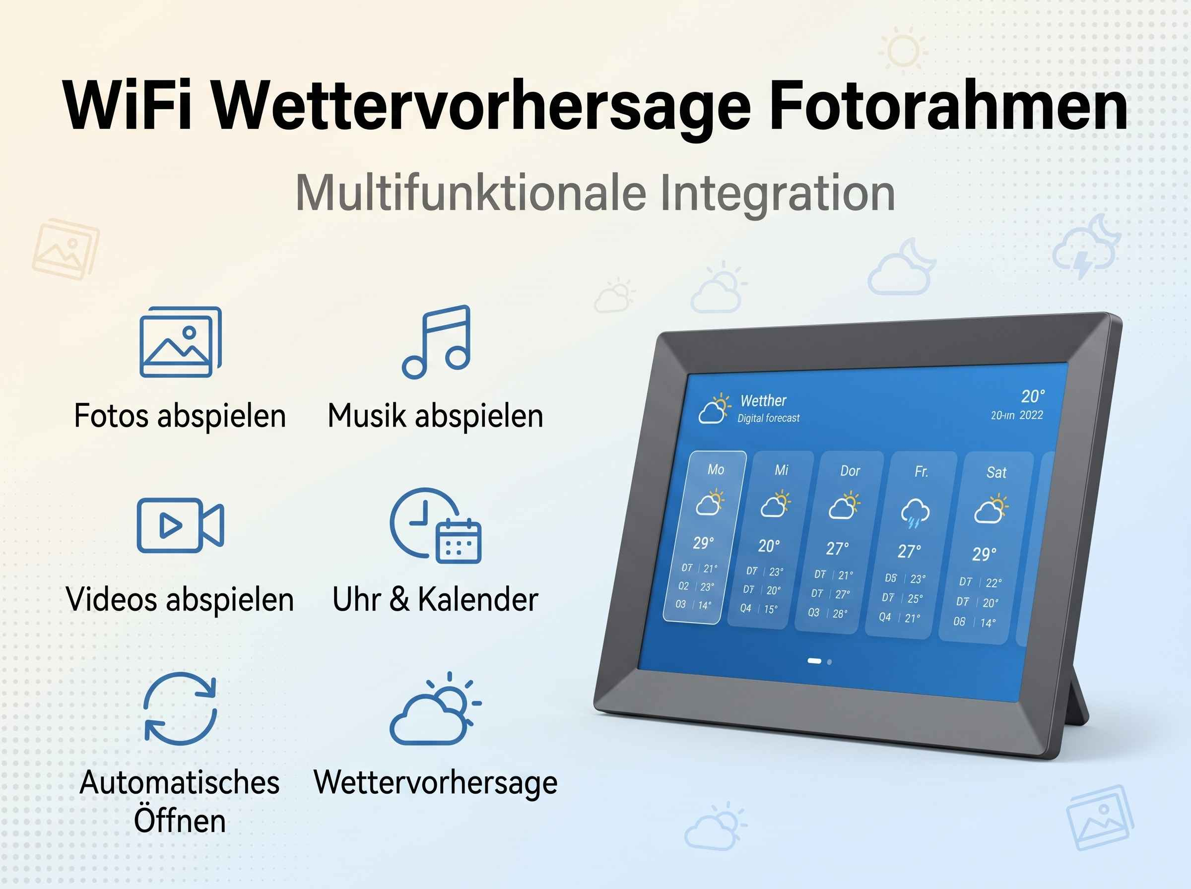 Digitaler Bilderrahmen mit Wettervorhersage, Fotos, Musik, Videos, Uhr & Kalender.