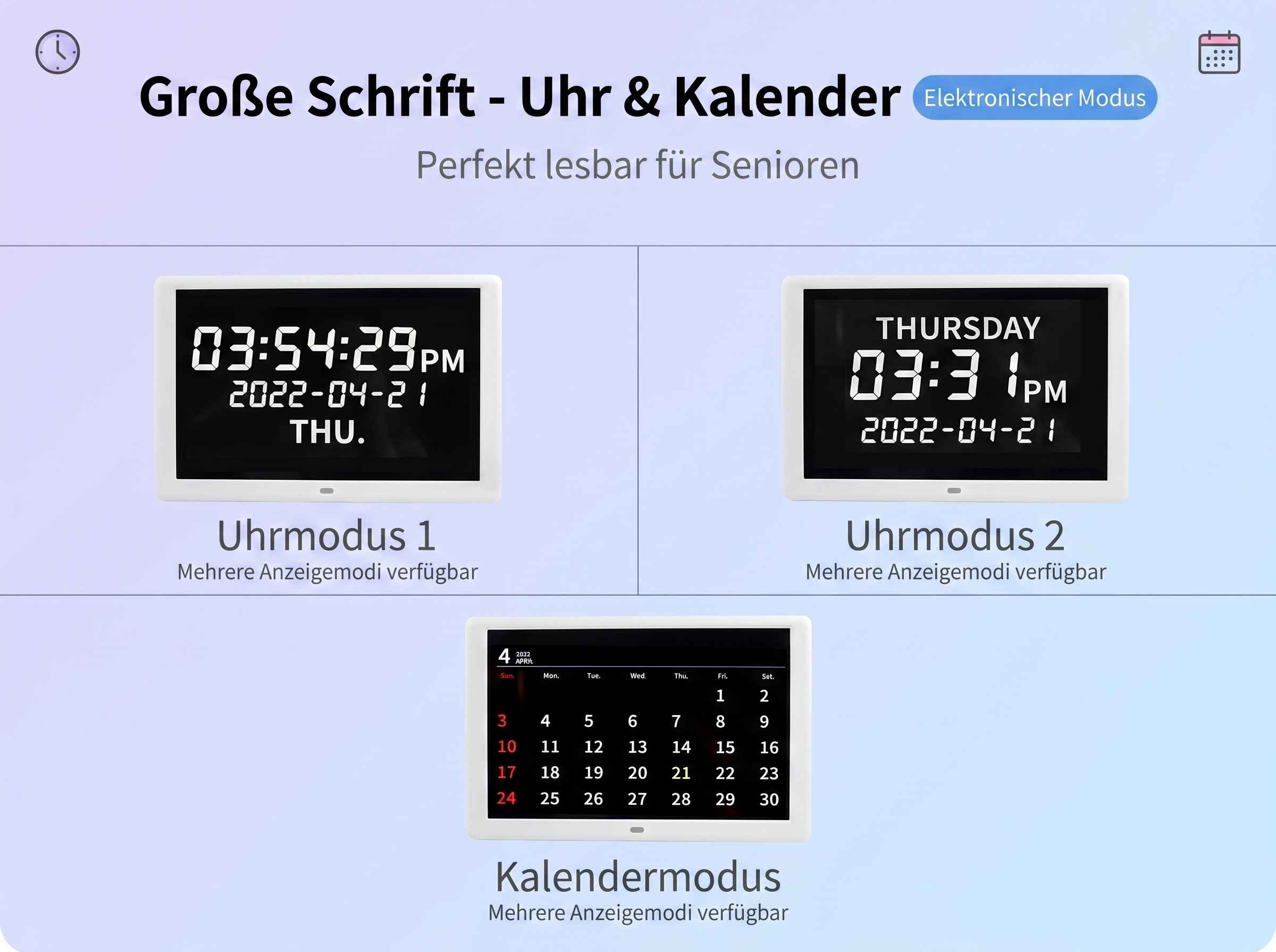 Große Schrift: Uhrzeit 03:54:29, Datum 21.04.2022, Uhrmodus 1 & 2, Kalender.