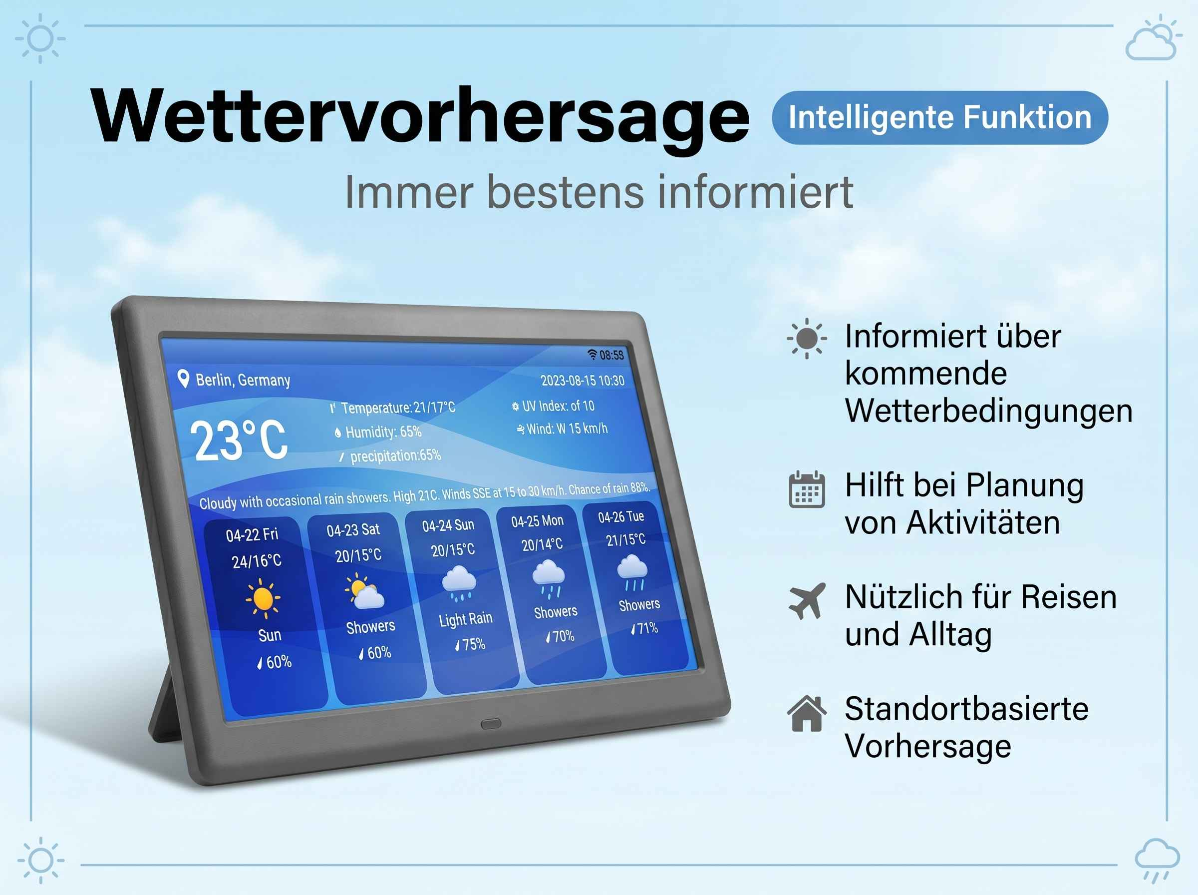 Wettervorhersage-Gerät zeigt Berlin-Wetter: 23°C, 65% Luftfeuchte, Regenwahrscheinlichkeit.