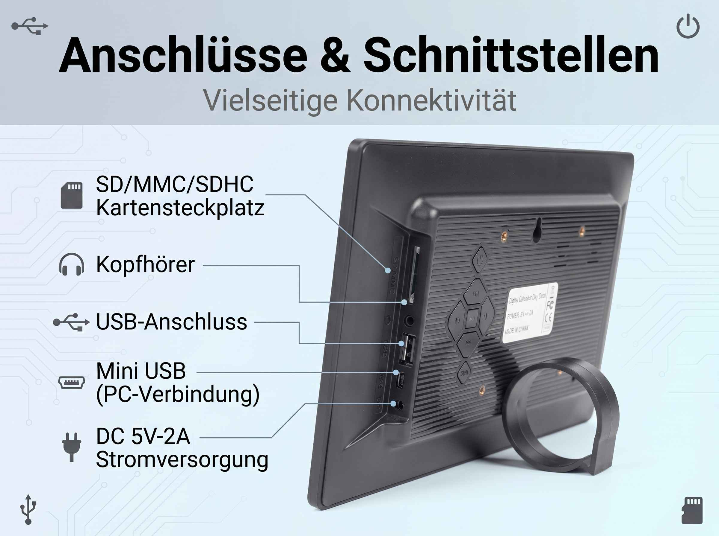 Rückseite eines digitalen Kalenders mit Anschlüssen: SD-Karte, Kopfhörer, USB.