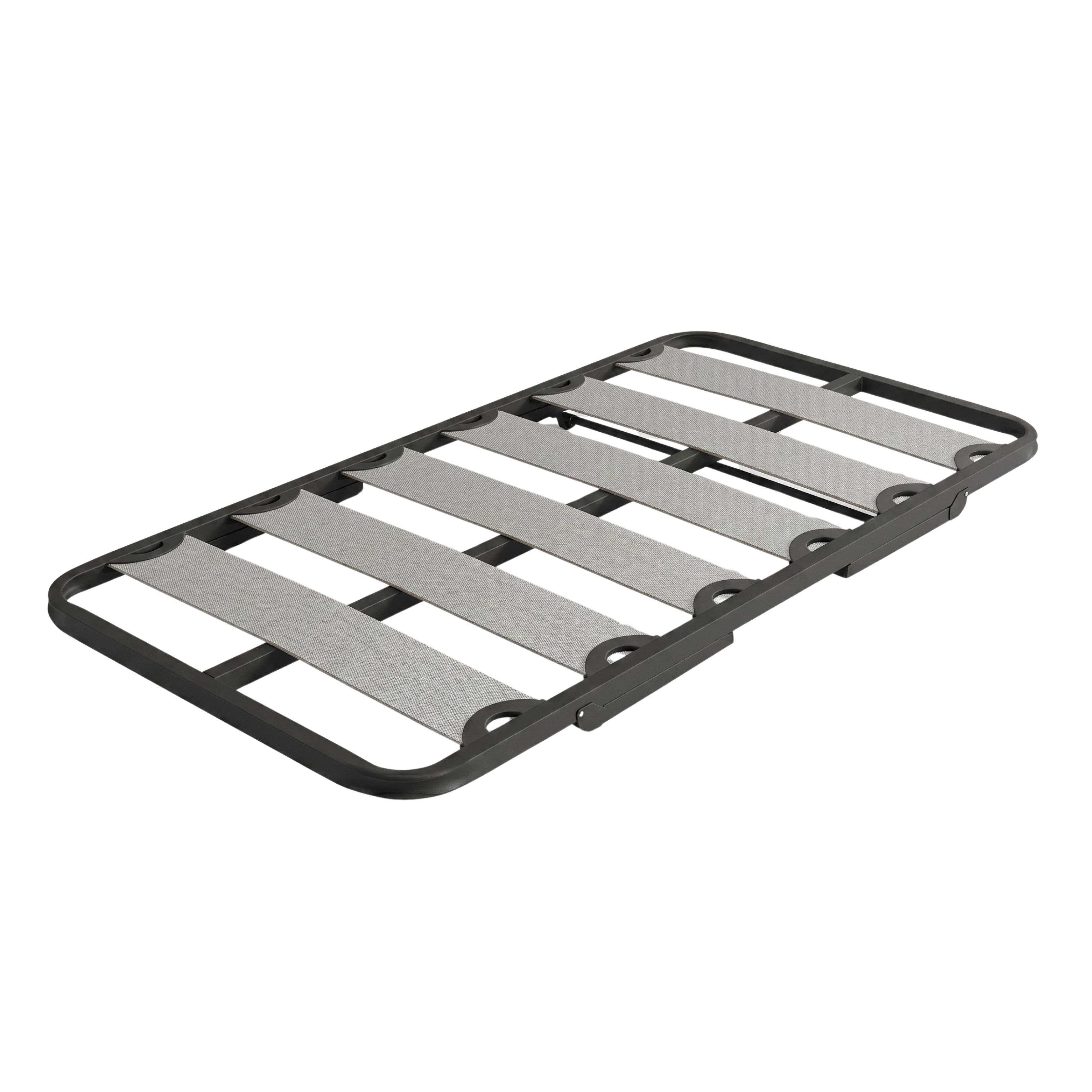 Una base de cama de metal gris con correas de tela, aislada sobre fondo blanco.
