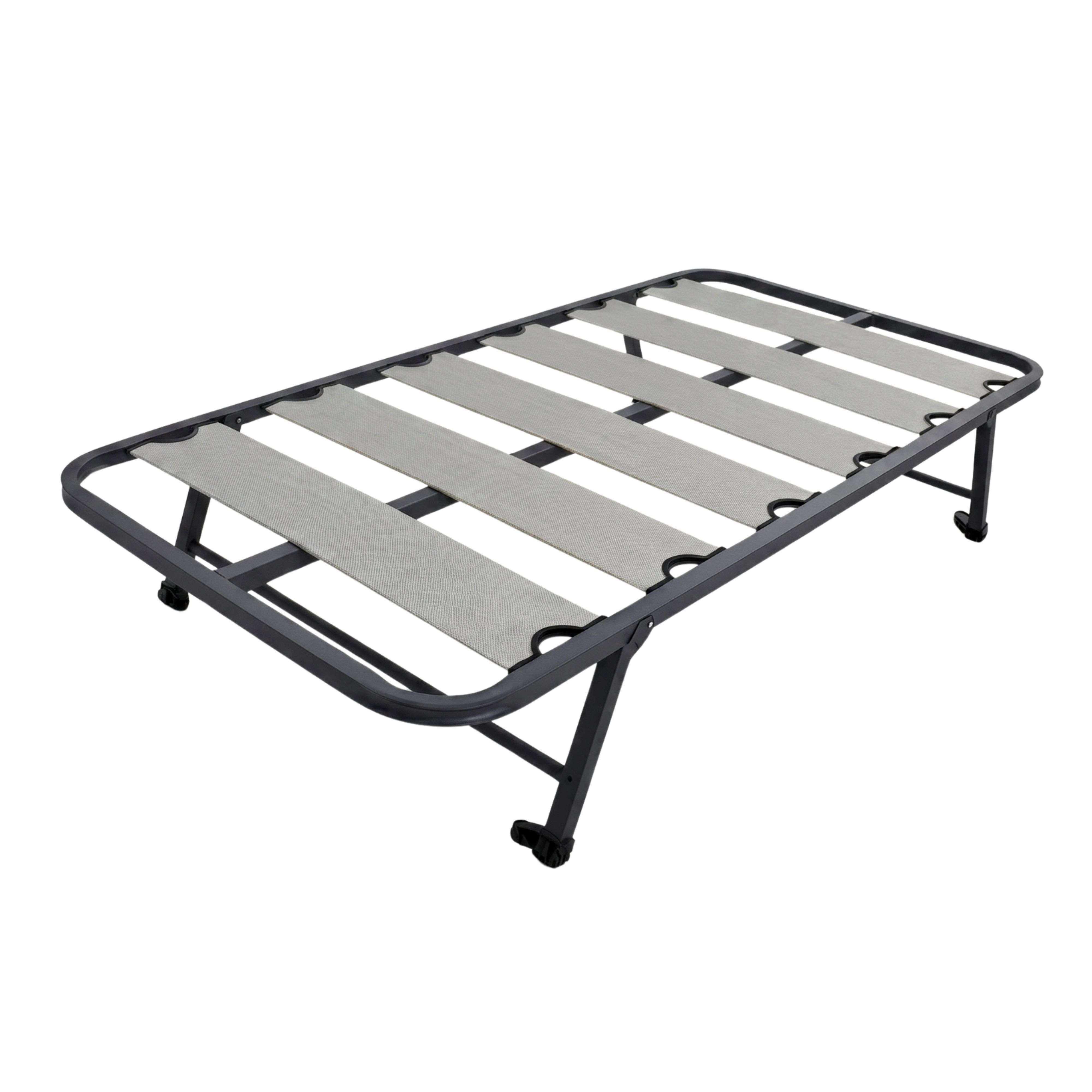 Una base de cama metálica gris con ruedas y correas de tela sobre fondo blanco.