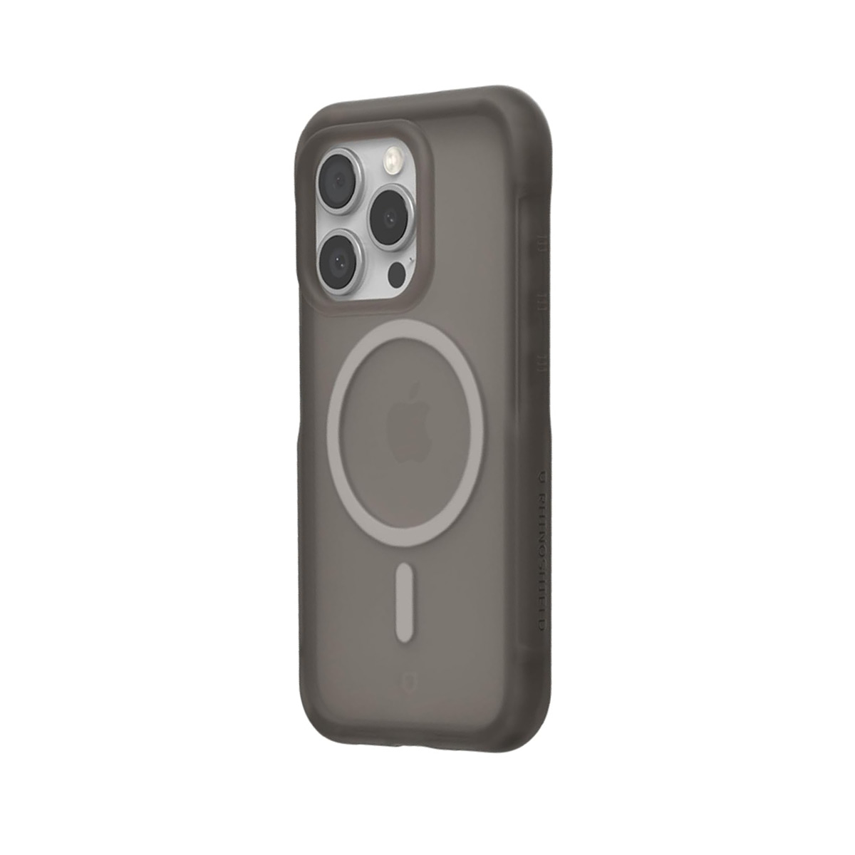 Coque de téléphone grise avec trois caméras et un cercle magnétique au dos.