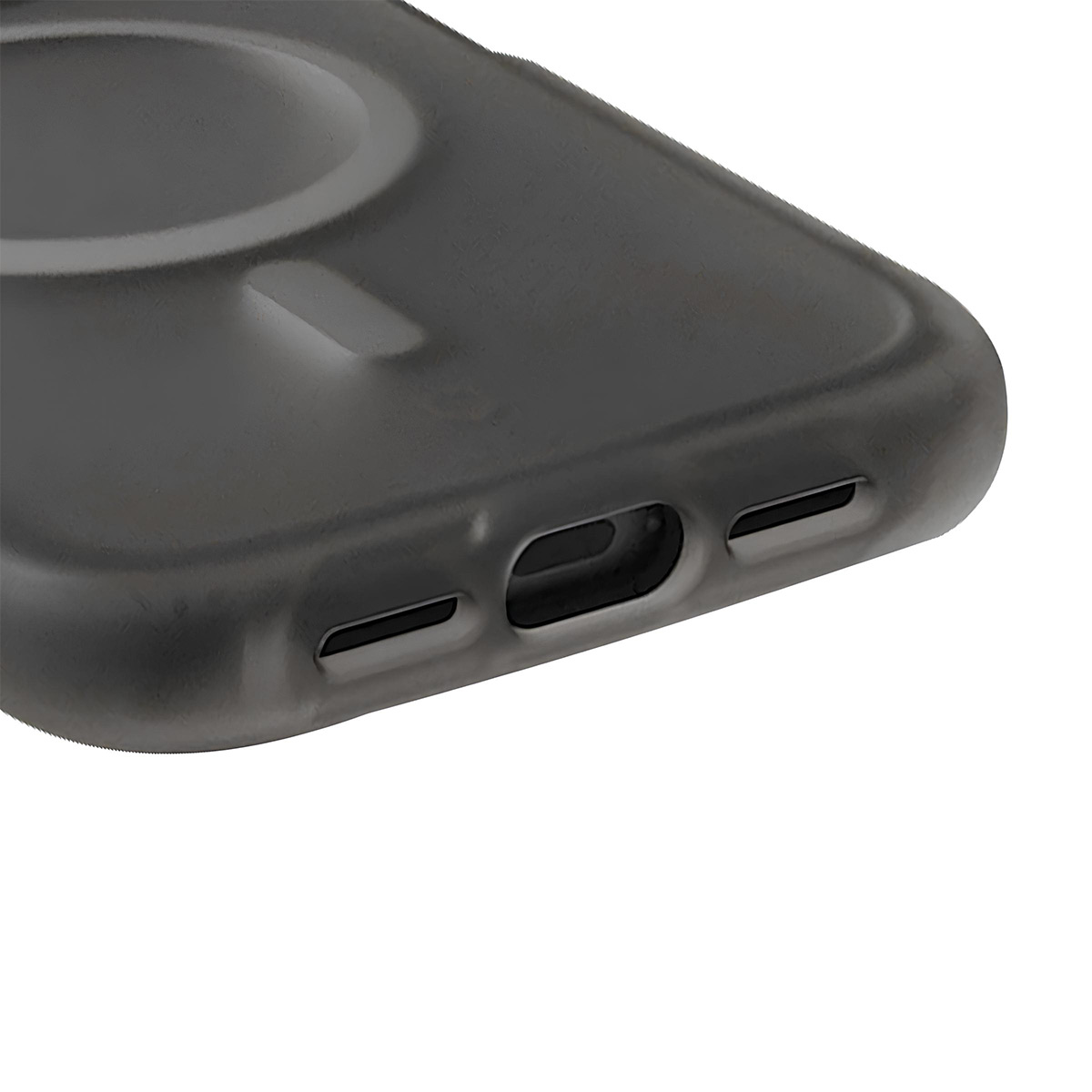 Coque de téléphone foncée montrant le port de charge et les ouvertures.