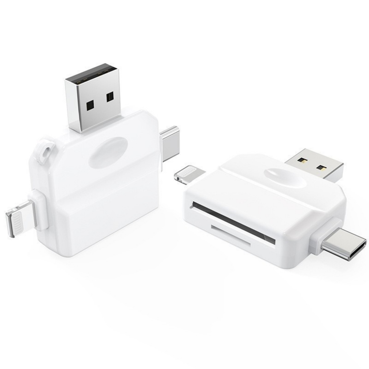 Zwei weiße Kartenleser mit USB-A-, Lightning- und USB-C-Anschlüssen.