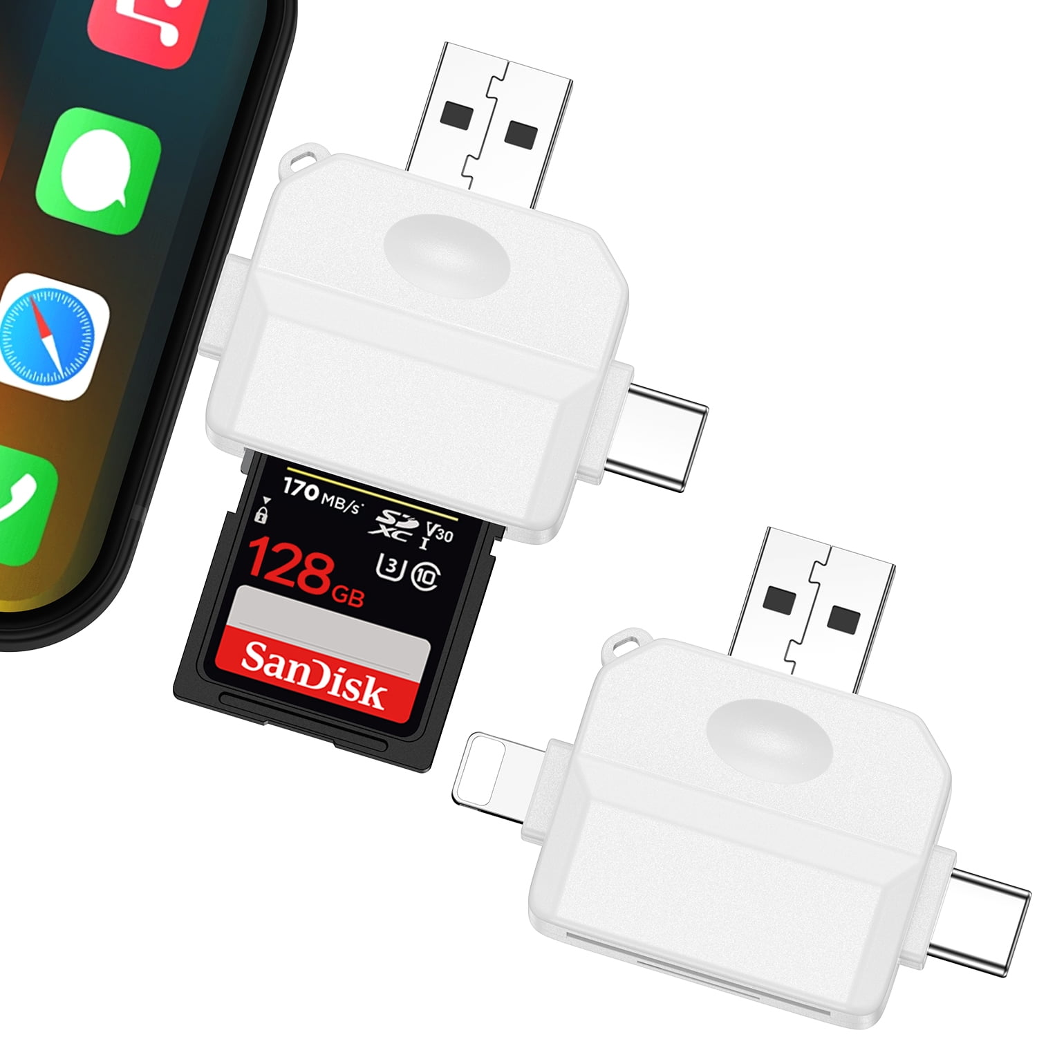 Weiße Kartenlesegeräte mit USB-, USB-C- und Lightning-Anschlüssen neben einem iPhone.