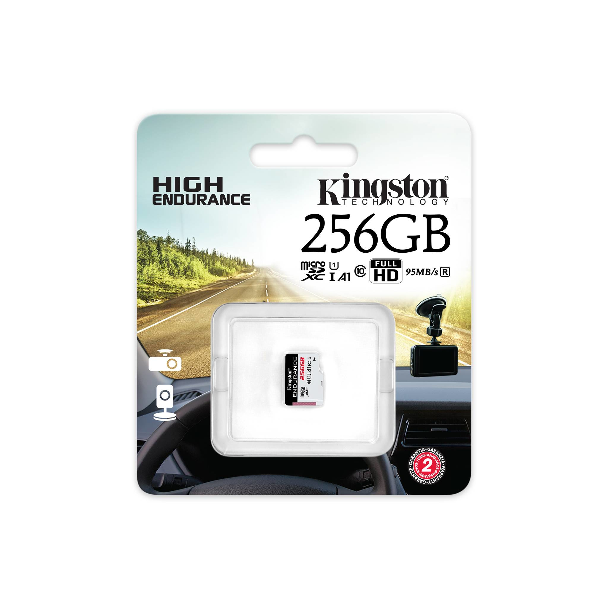 Kingston 256GB MicroSD-Karte mit hoher Lebensdauer in Fahrzeughalterung.