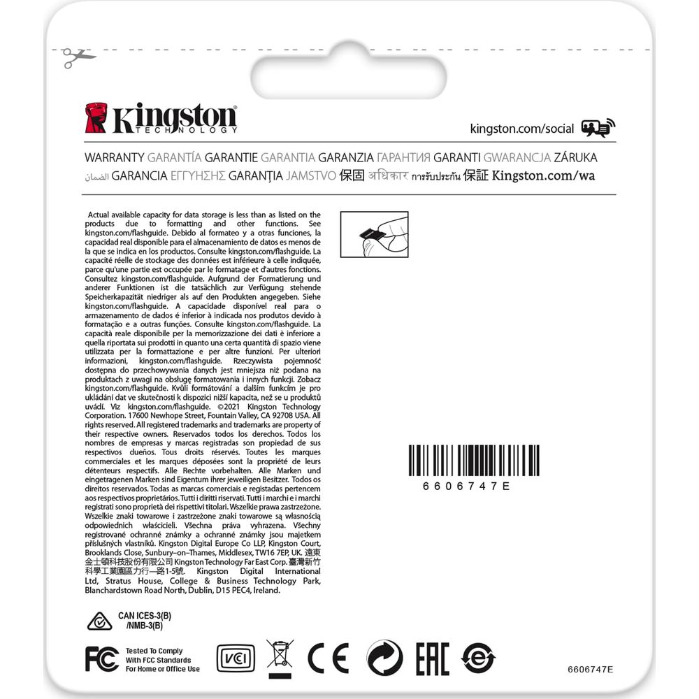 Kingston-Logo, Produktinformationen, Strichcode und Zulassungszeichen.