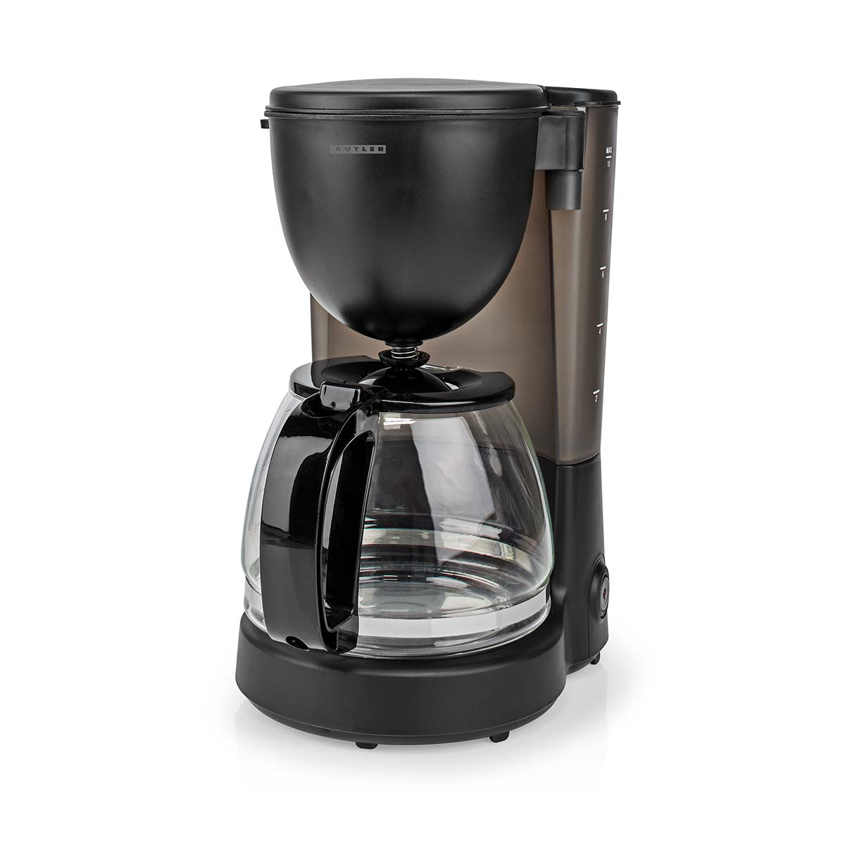 Macchina da caffè nera con caraffa in vetro e anti-goccia.