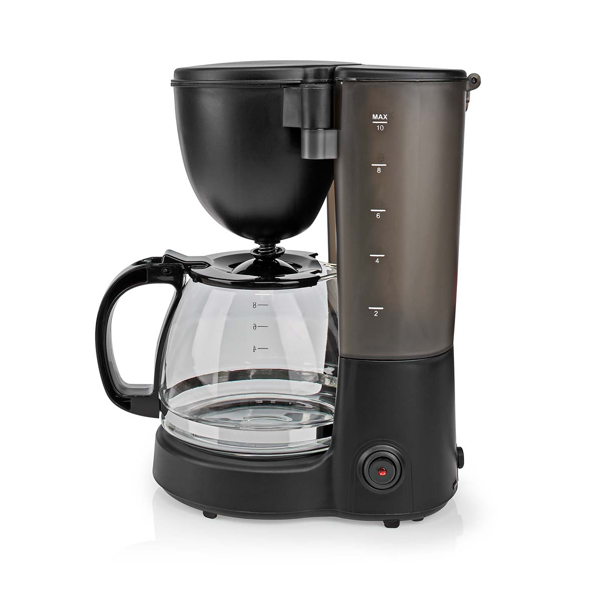 Caffettiera nera con caraffa in vetro e indicatore livello acqua. Luce rossa accesa.