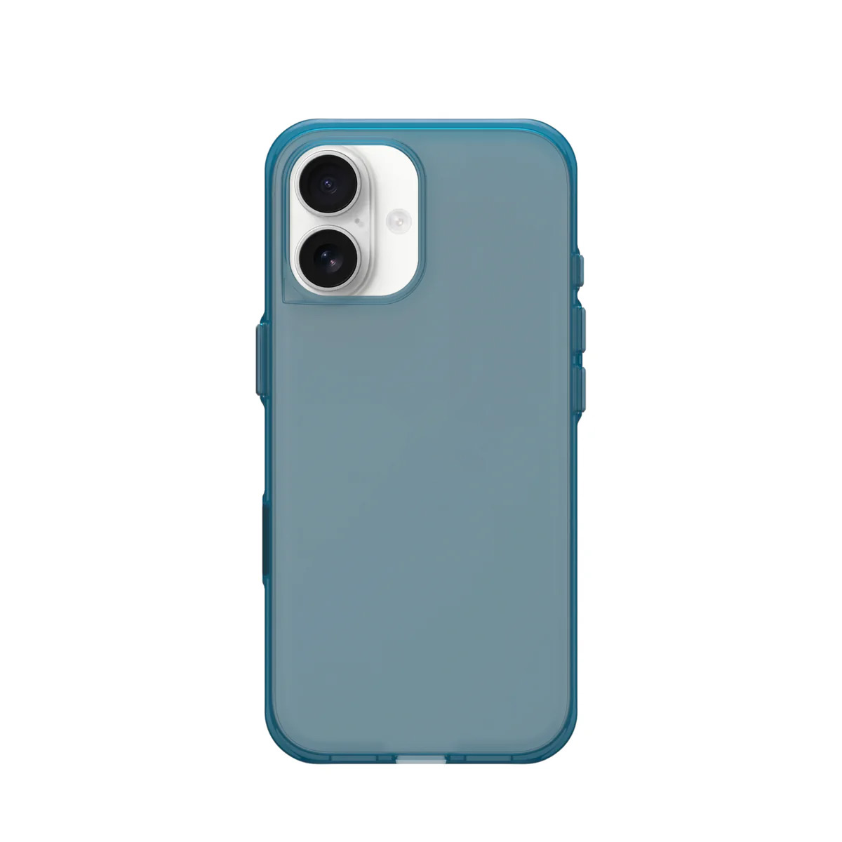 Een blauwe telefoonhoes met twee cameralenzen op een witte achtergrond.