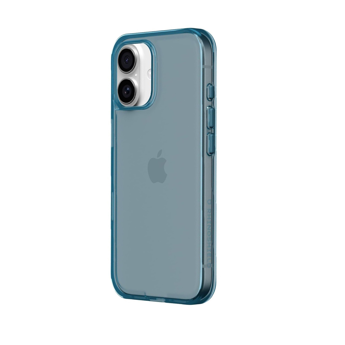 Een doorschijnende blauwe iPhone case met twee camera's aan de achterkant.
