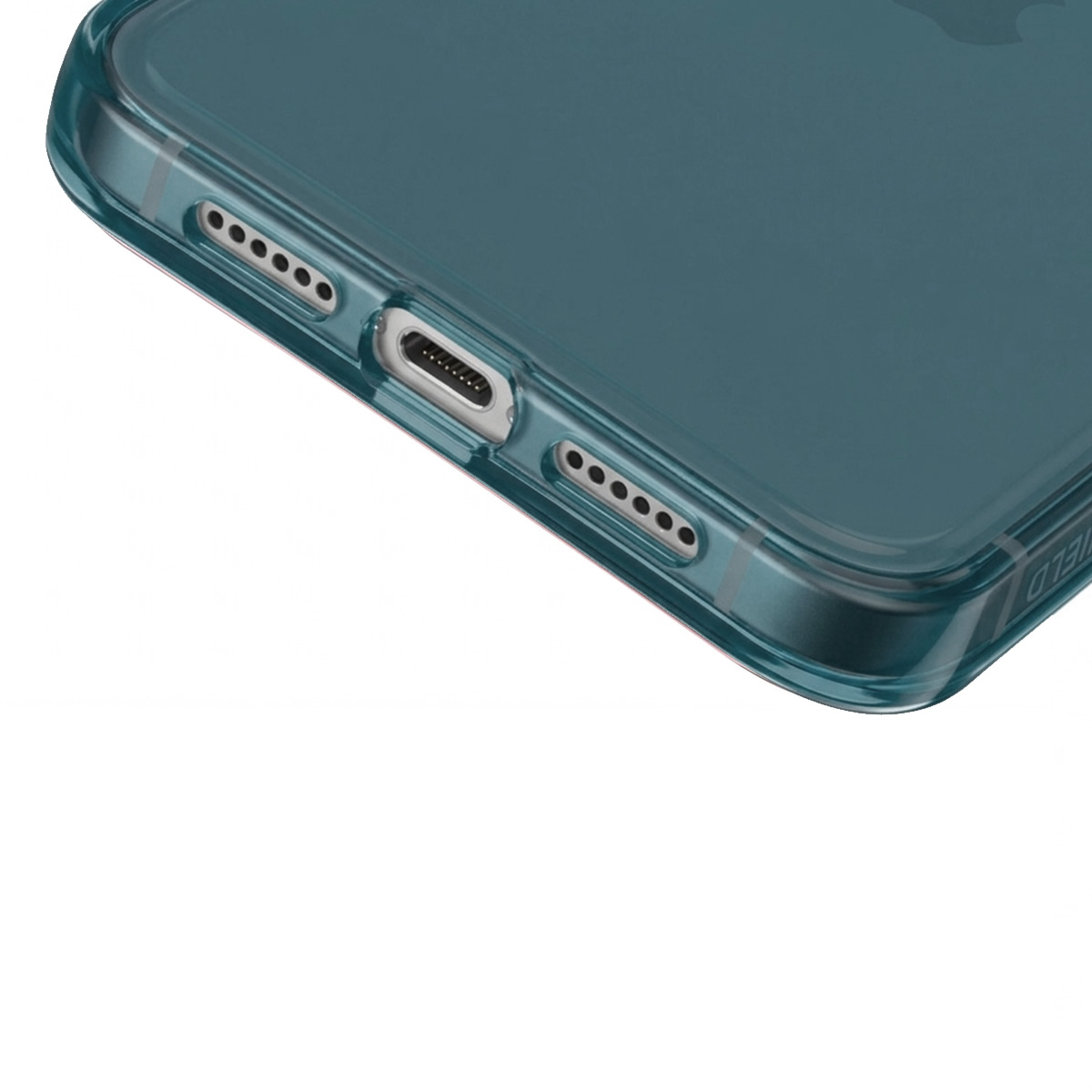 Close-up van de onderkant van een doorschijnende teal telefoonhoes met oplaadpoort en speakergaten.