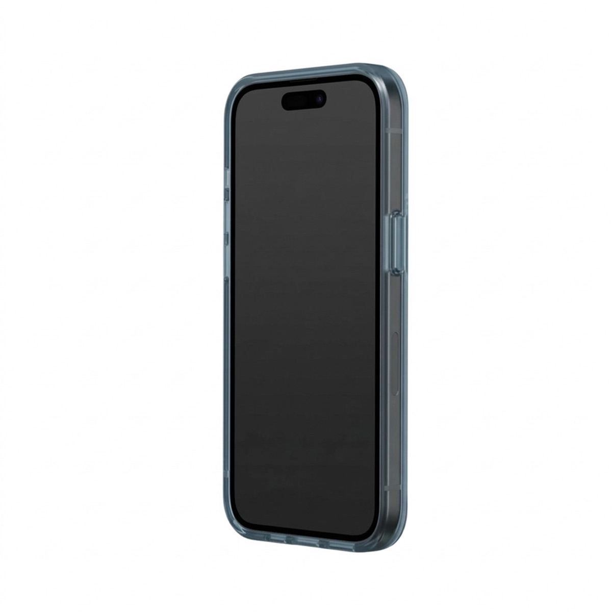 Een donkerblauwe telefoonhoes met een donker scherm op witte achtergrond.