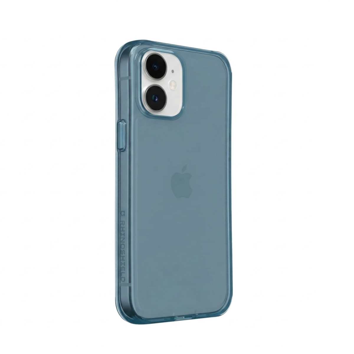Een blauwe, transparante telefoonhoes met dubbele camera.