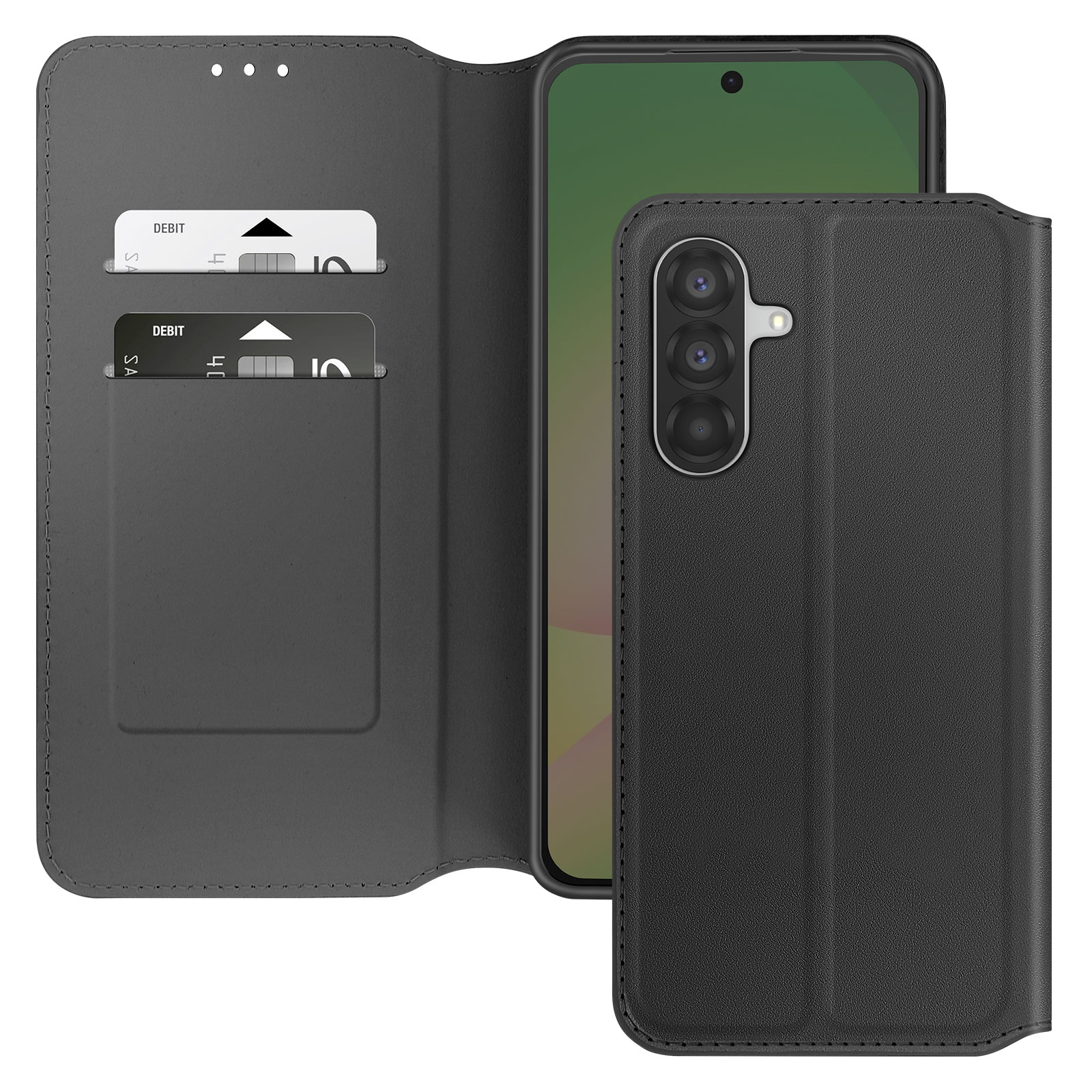 Schwarzes Handy-Flip-Case mit Kartenschlitzen und drei Kameras.
