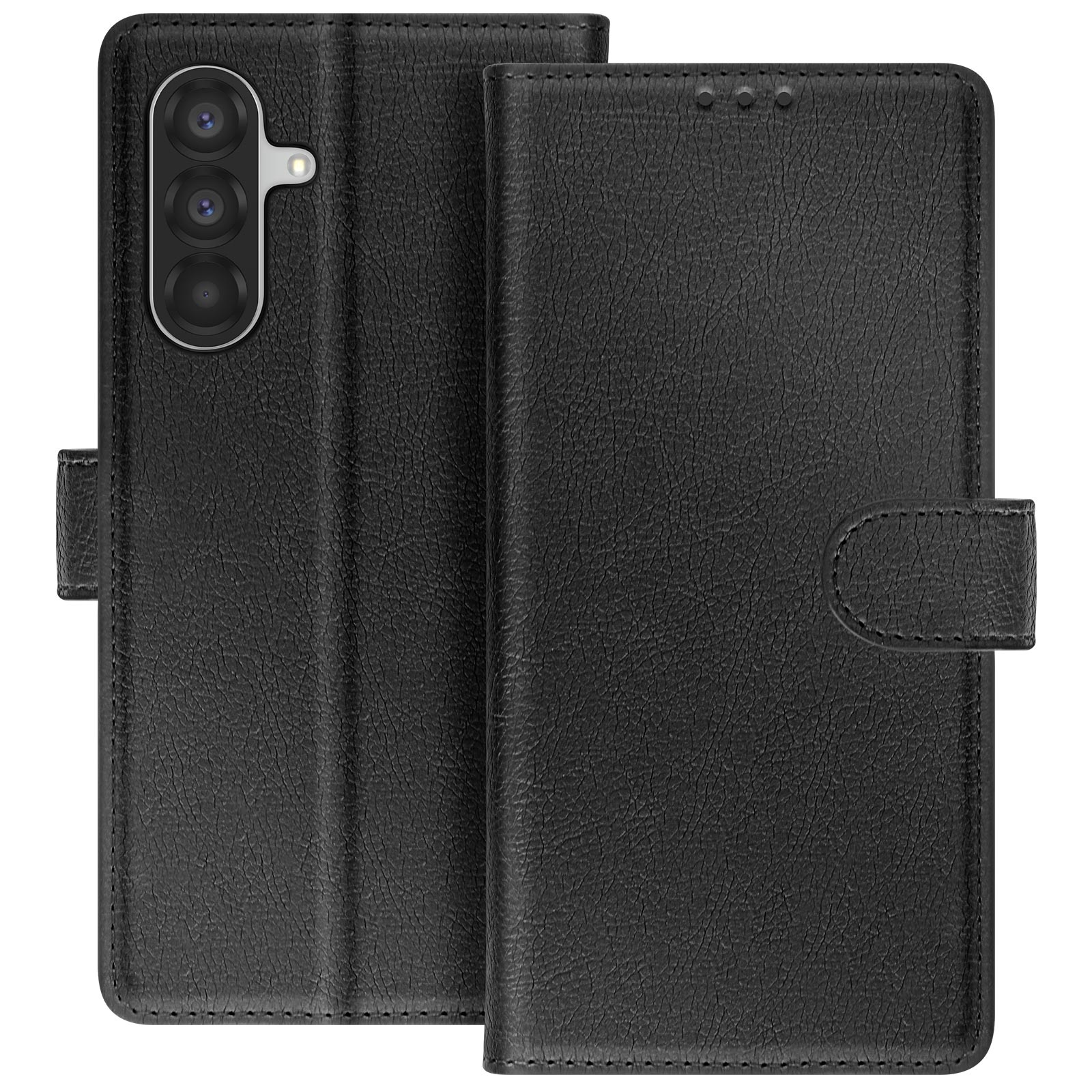 Schwarzes Leder-Flip-Case für ein Smartphone mit Kameraloch.