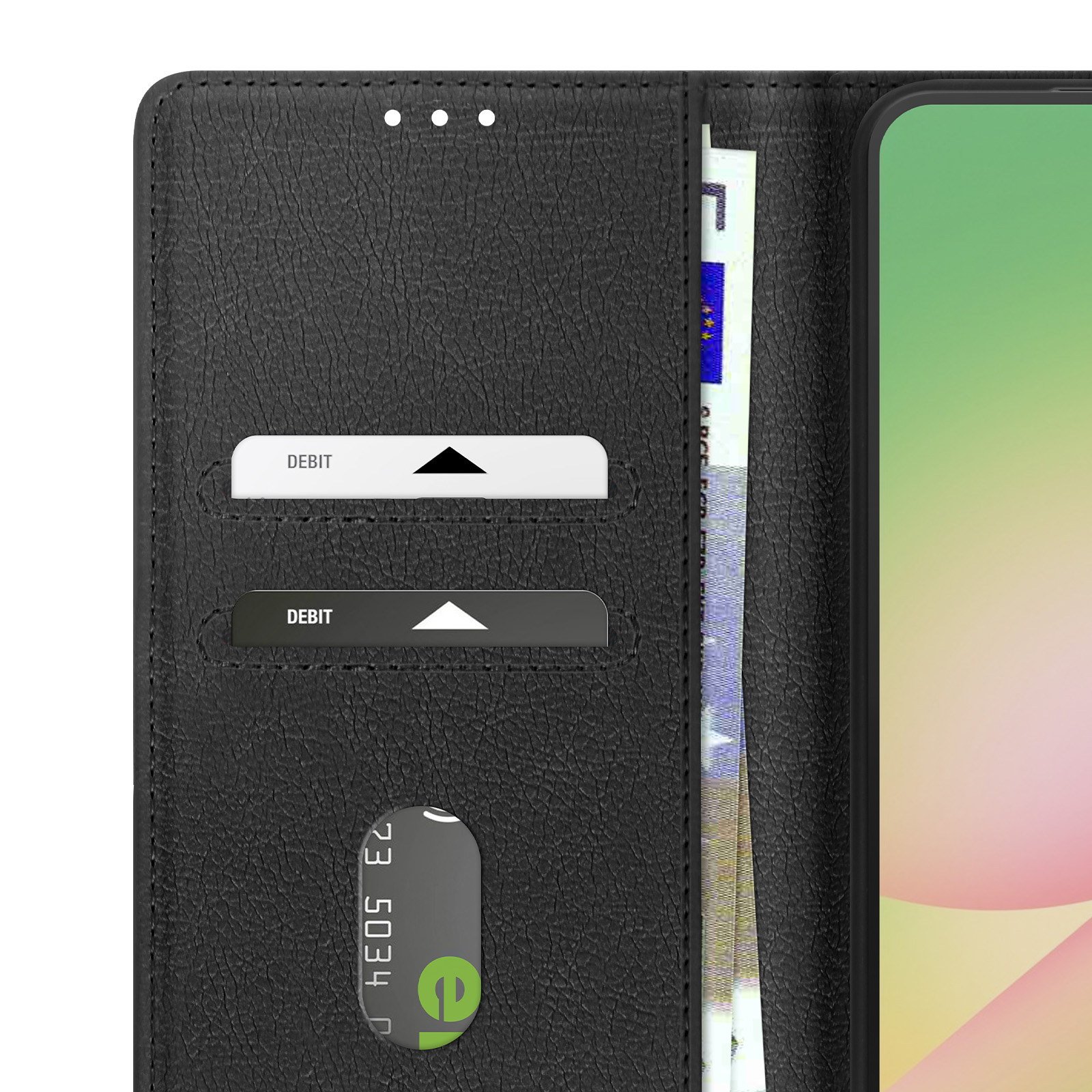 Schwarze Brieftasche mit zwei Kartenschlitzen, Geldscheinen und einem Handy.
