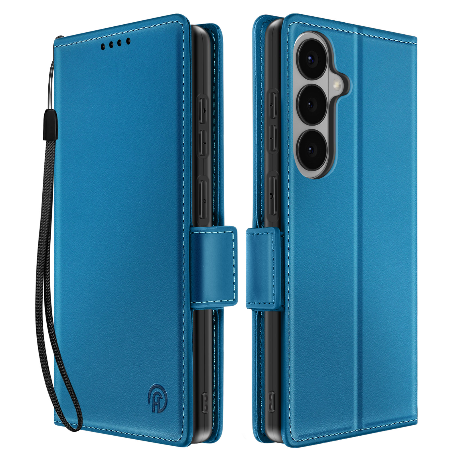 Ein blaues Handy-Flipcase mit einem Riemen und einer Kameralinse.