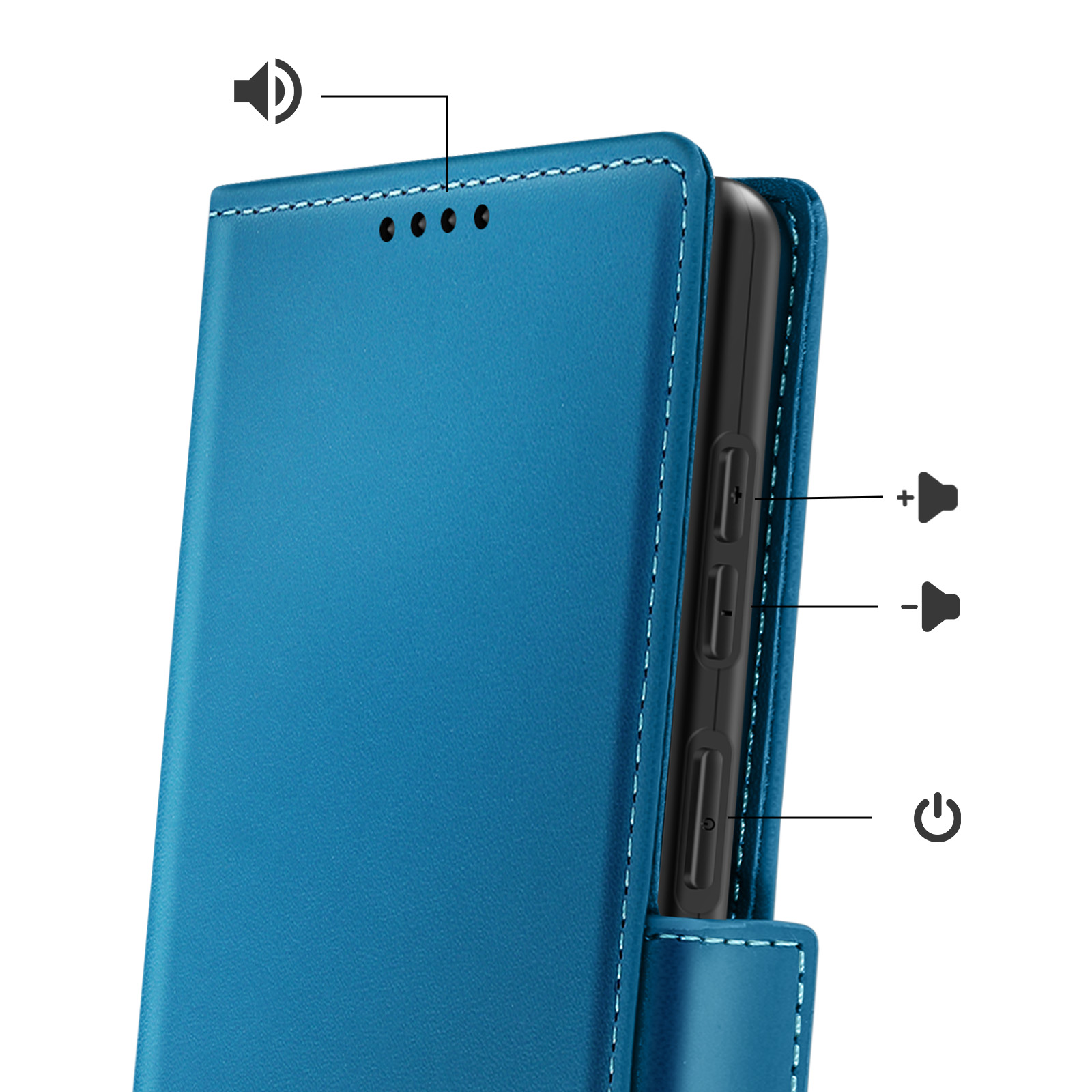 Blaues Handy-Cover mit Lautstärkereglern und Power-Taste.