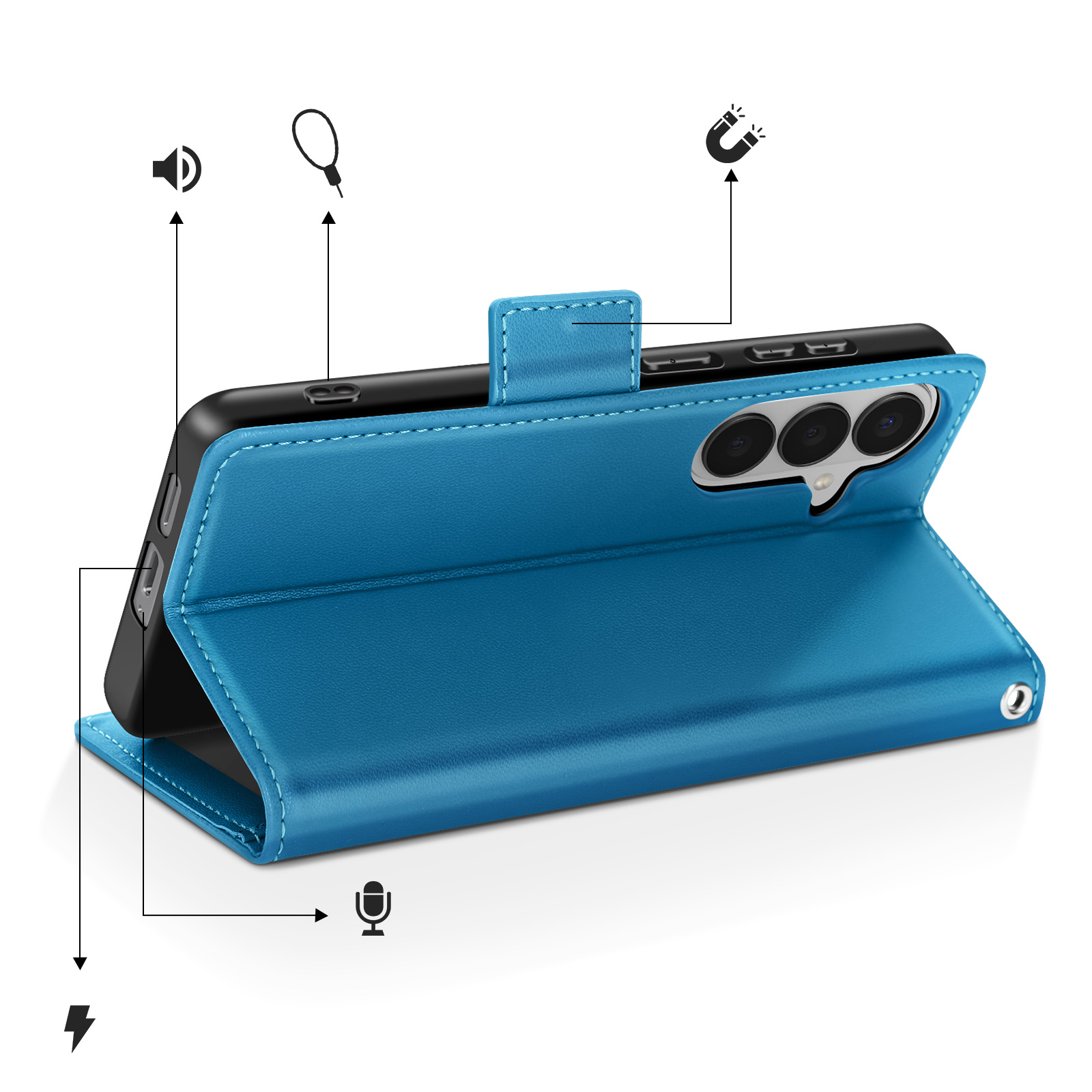 Blaues Handy-Flipcase mit drei Kameras und Symbolen für Ton, Lanyard, Magnet und Mikrofon.