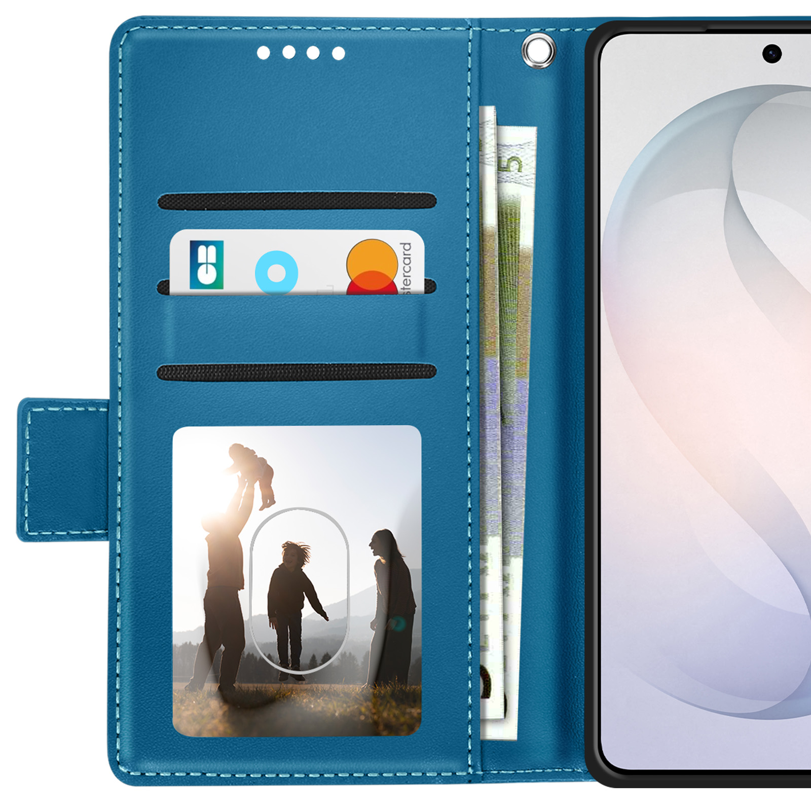 Blaue Handyhülle mit Kartenfächern, Geld und Familienfoto.