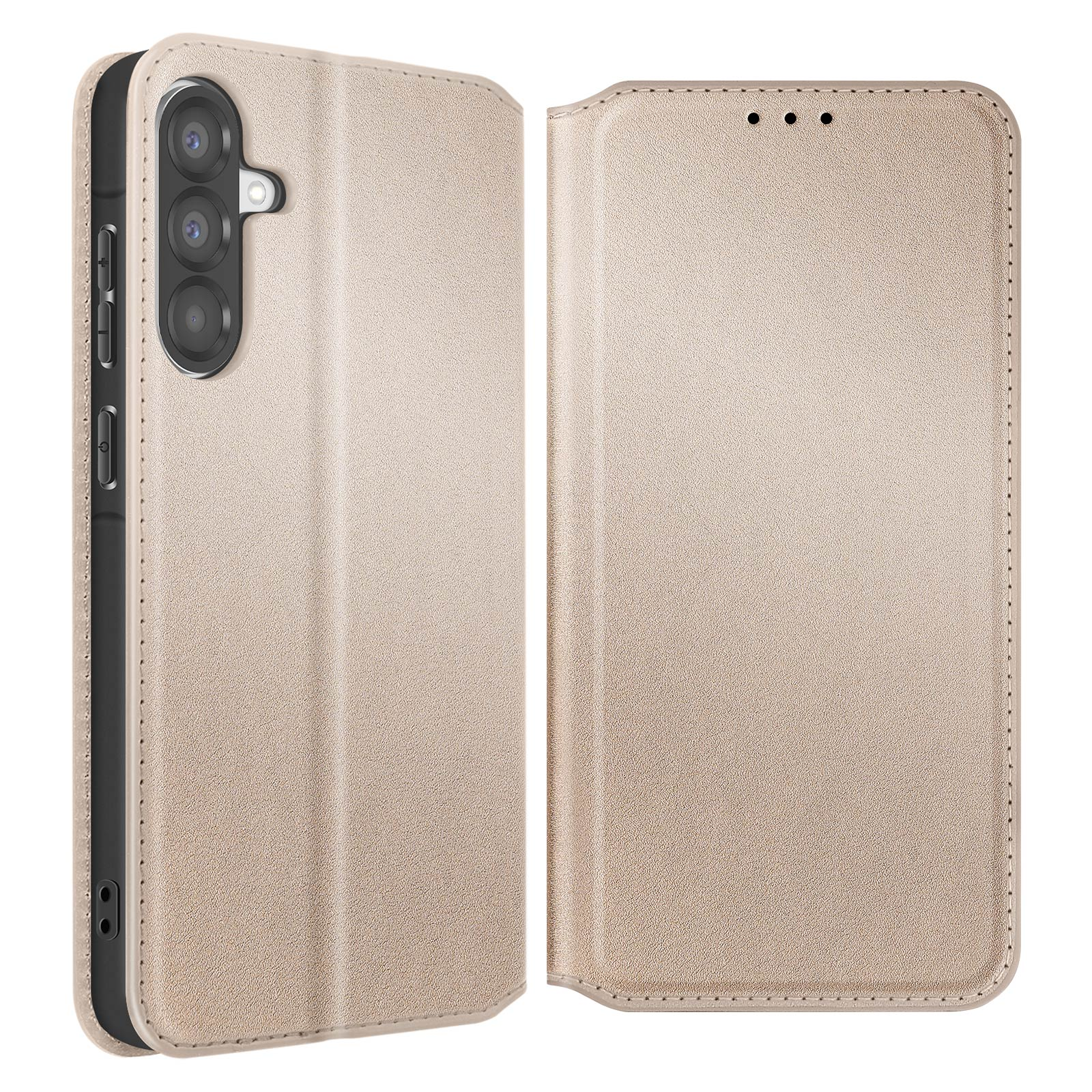 Una funda de teléfono marrón claro con tres lentes de cámara y botones laterales.