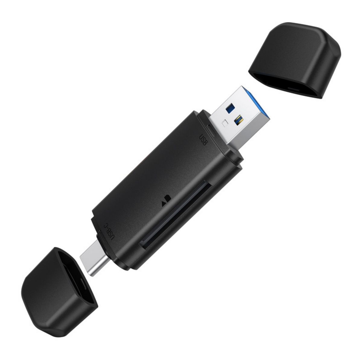 Schwarzer USB-C-Kartenleser mit USB-3.0-Anschluss und abgenommenen Kappen.