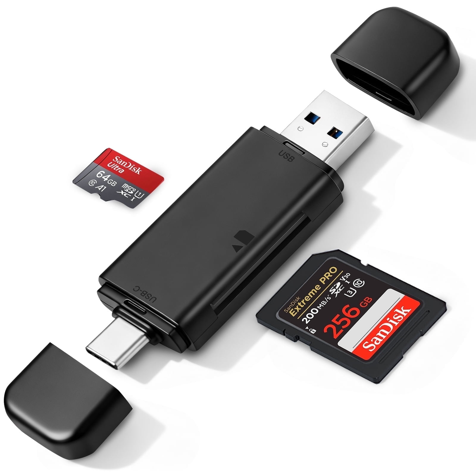 Ein schwarzer USB-C-Kartenleser mit USB-A-Anschluss und zwei Speicherkarten.