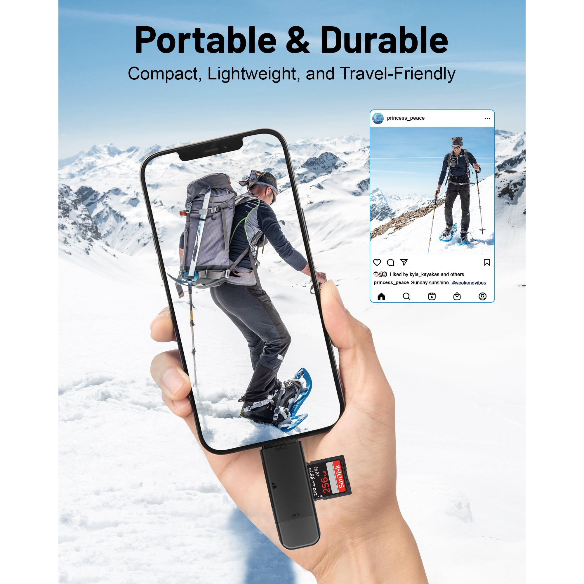 Ein Mann mit Rucksack und Schneeschuhen auf einem schneebedeckten Berg, gehalten in einer Hand.