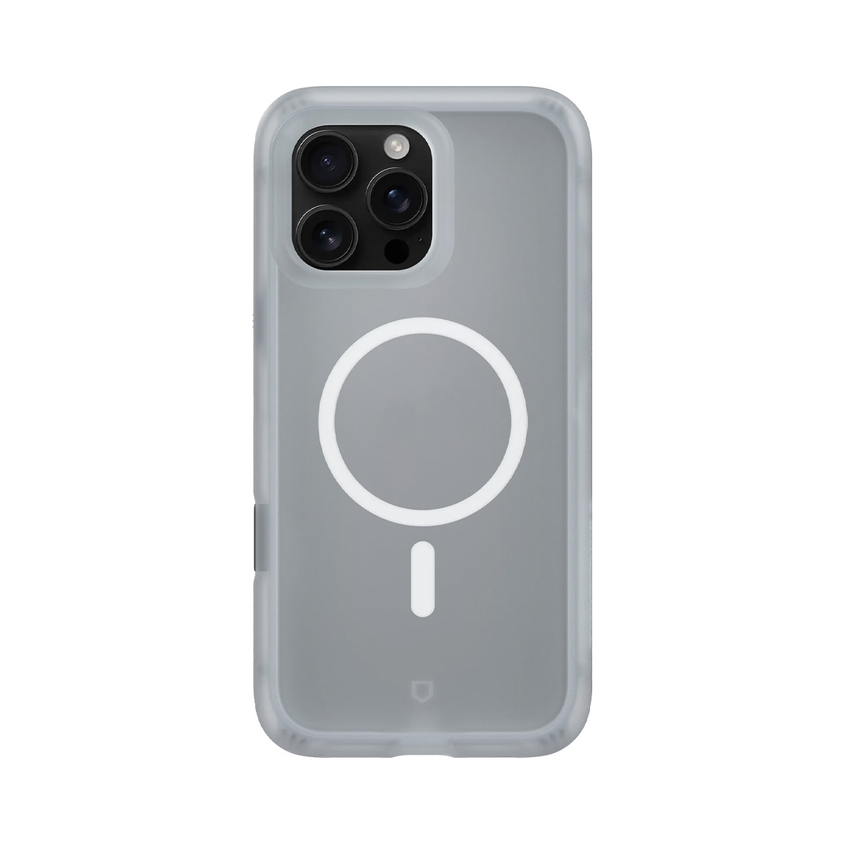 Coque grise pour iPhone avec trois caméras et cercle MagSafe.