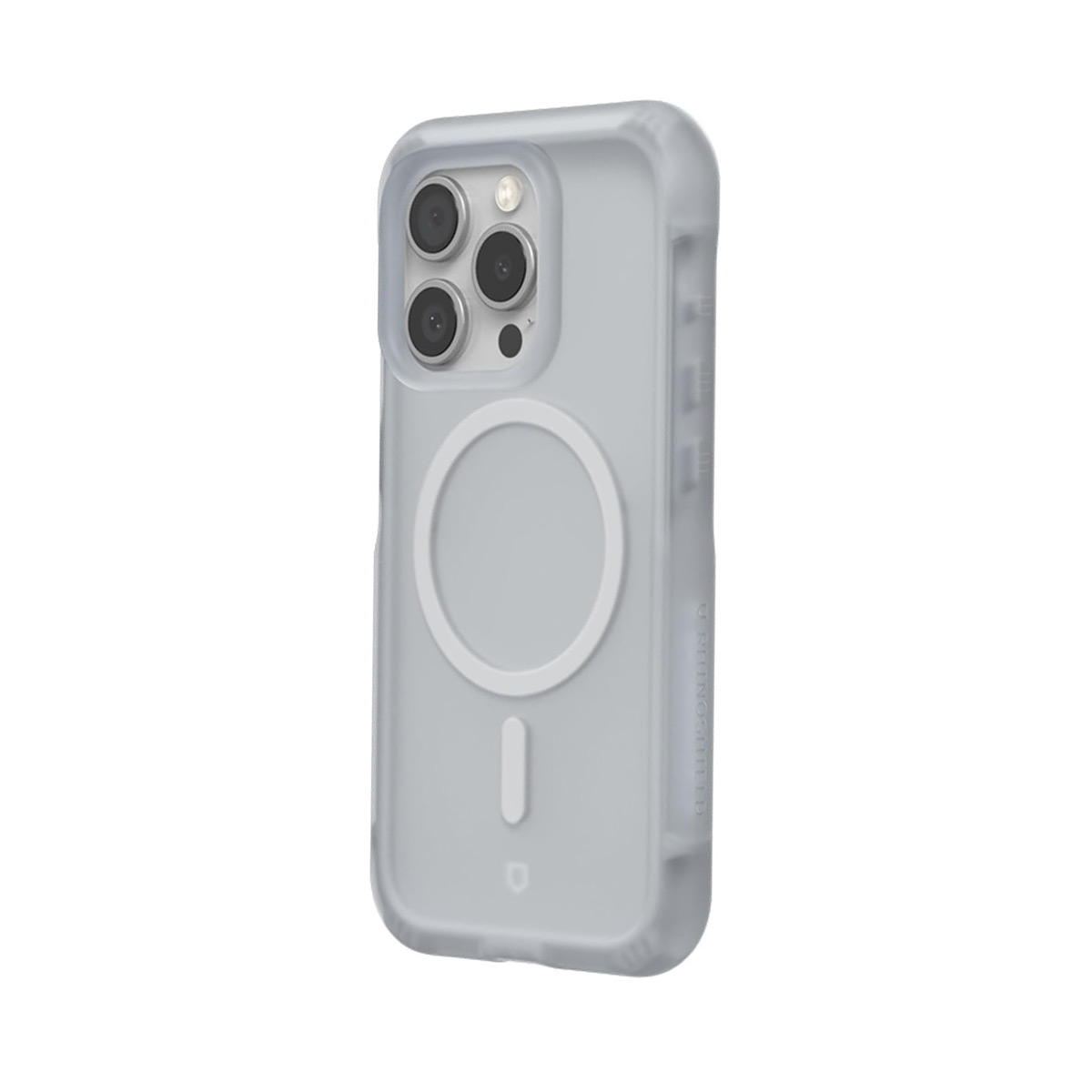 Une coque de téléphone grise translucide avec trois caméras et un anneau magnétique.