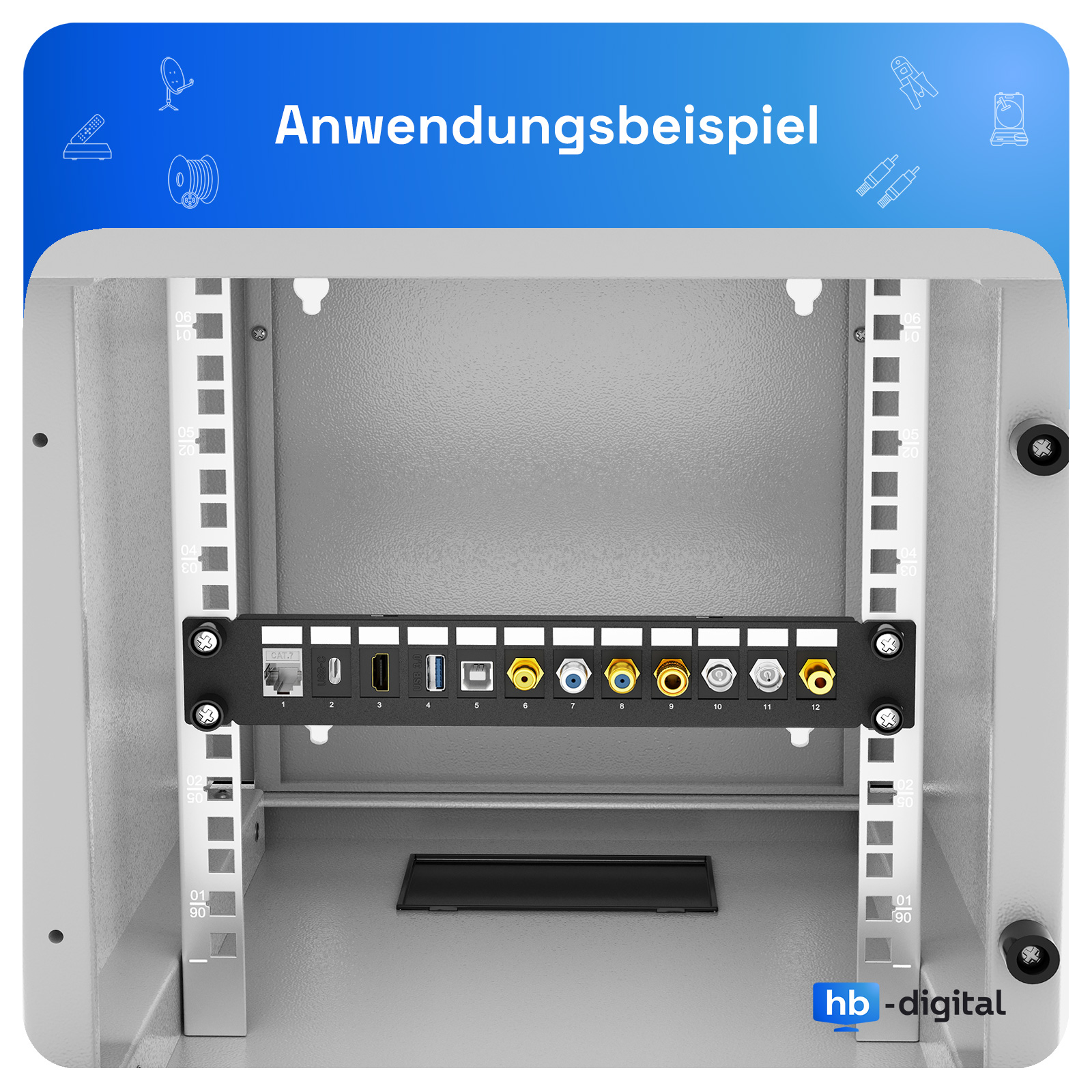 Ein Netzwerk-Patchpanel mit verschiedenen Anschlüssen in einem Serverschrank.