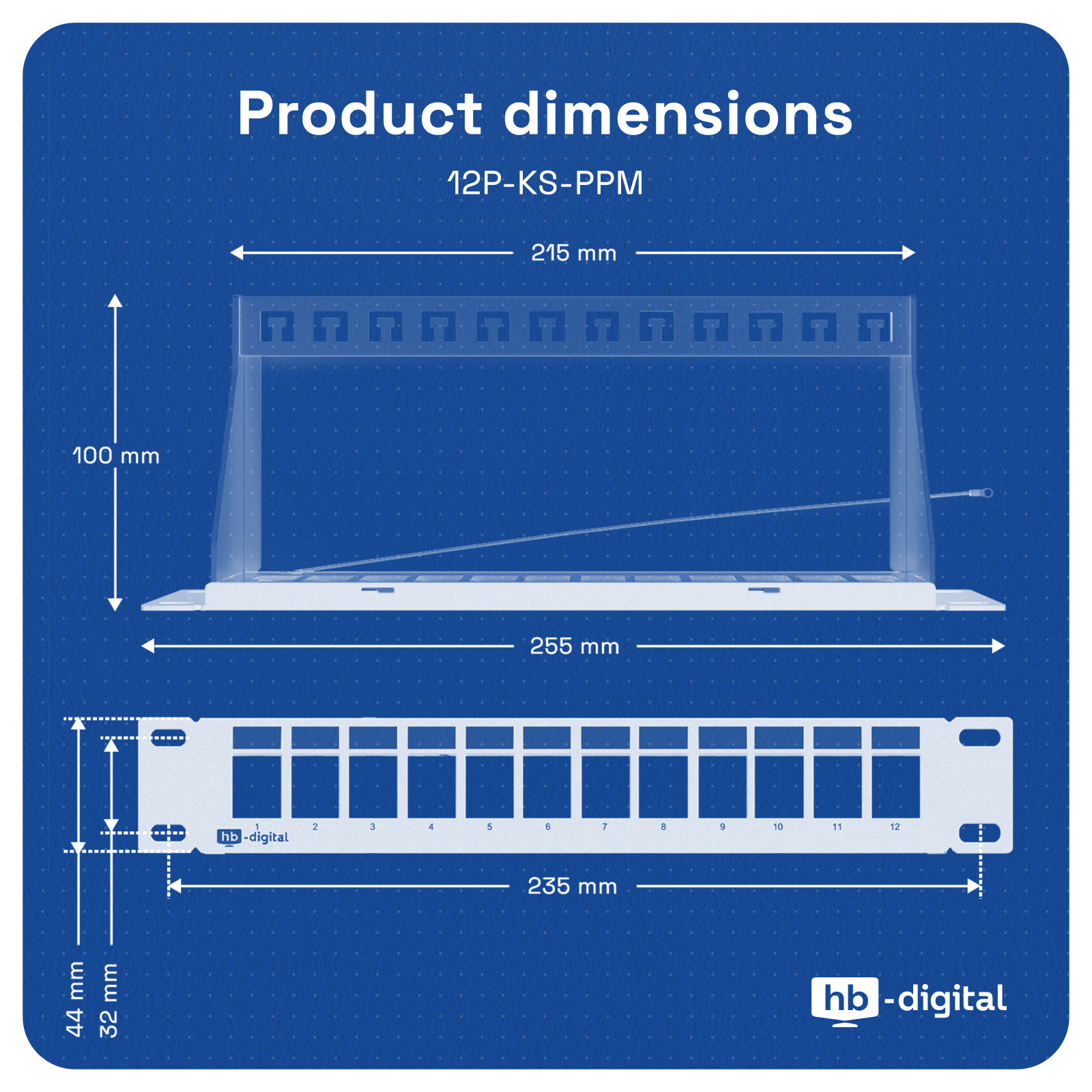 Produktdiagramm mit Maßen: 215mm, 255mm, 100mm, 44mm, 32mm und 235mm.